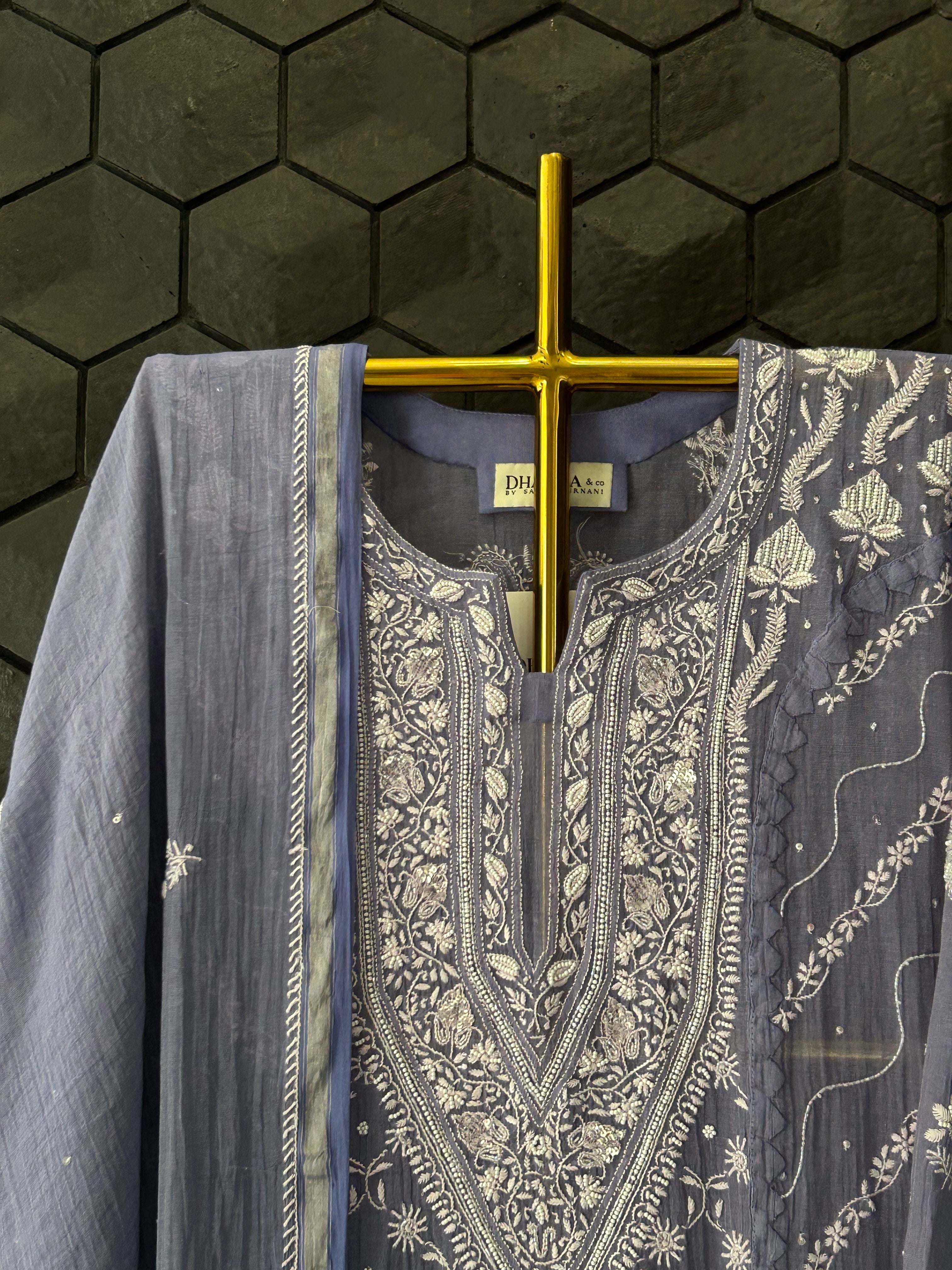 New Purple Silver Tissue Chikankari Kurta Set