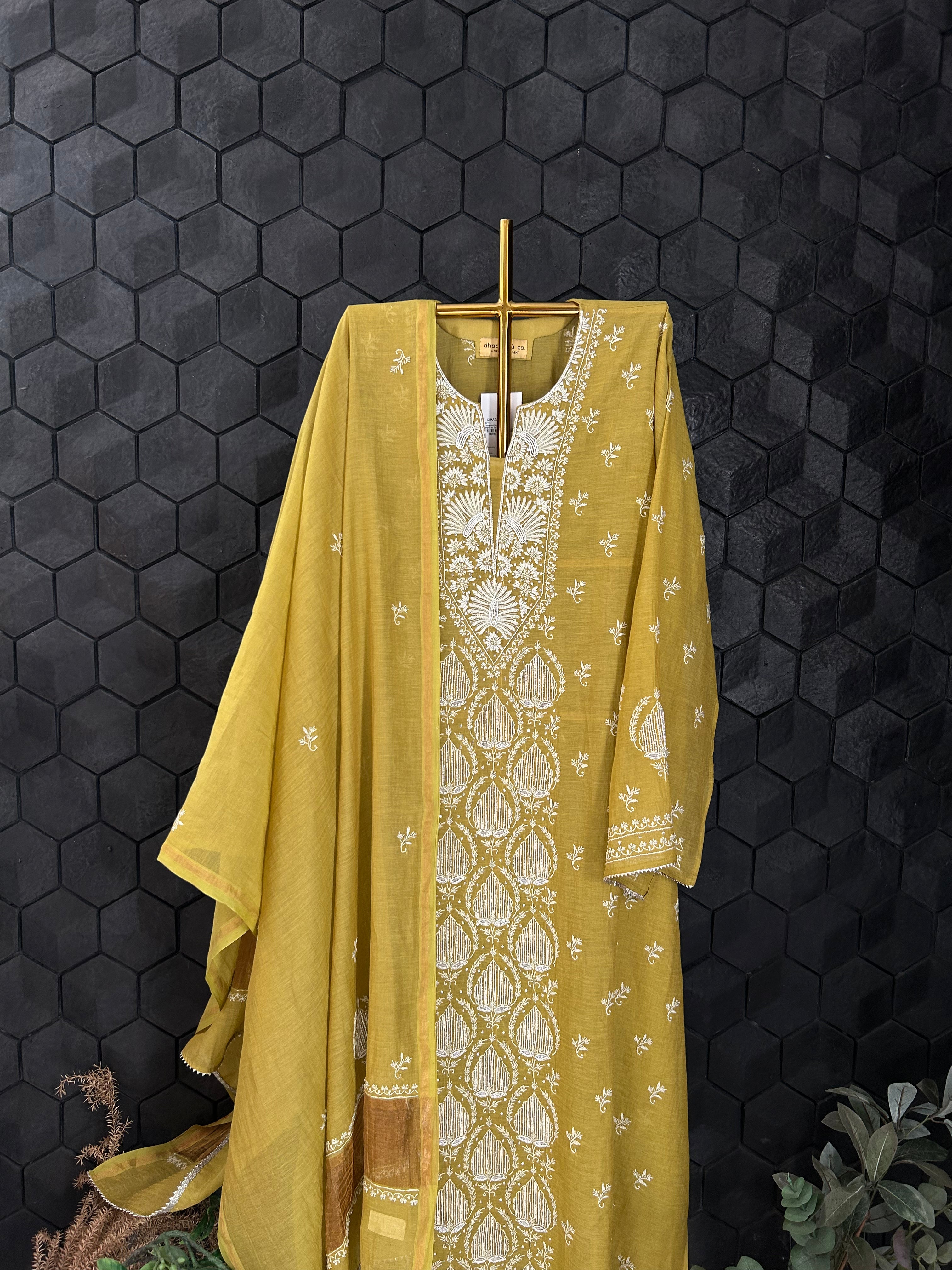 Lime Green Tissue Chikankari Kurta Set