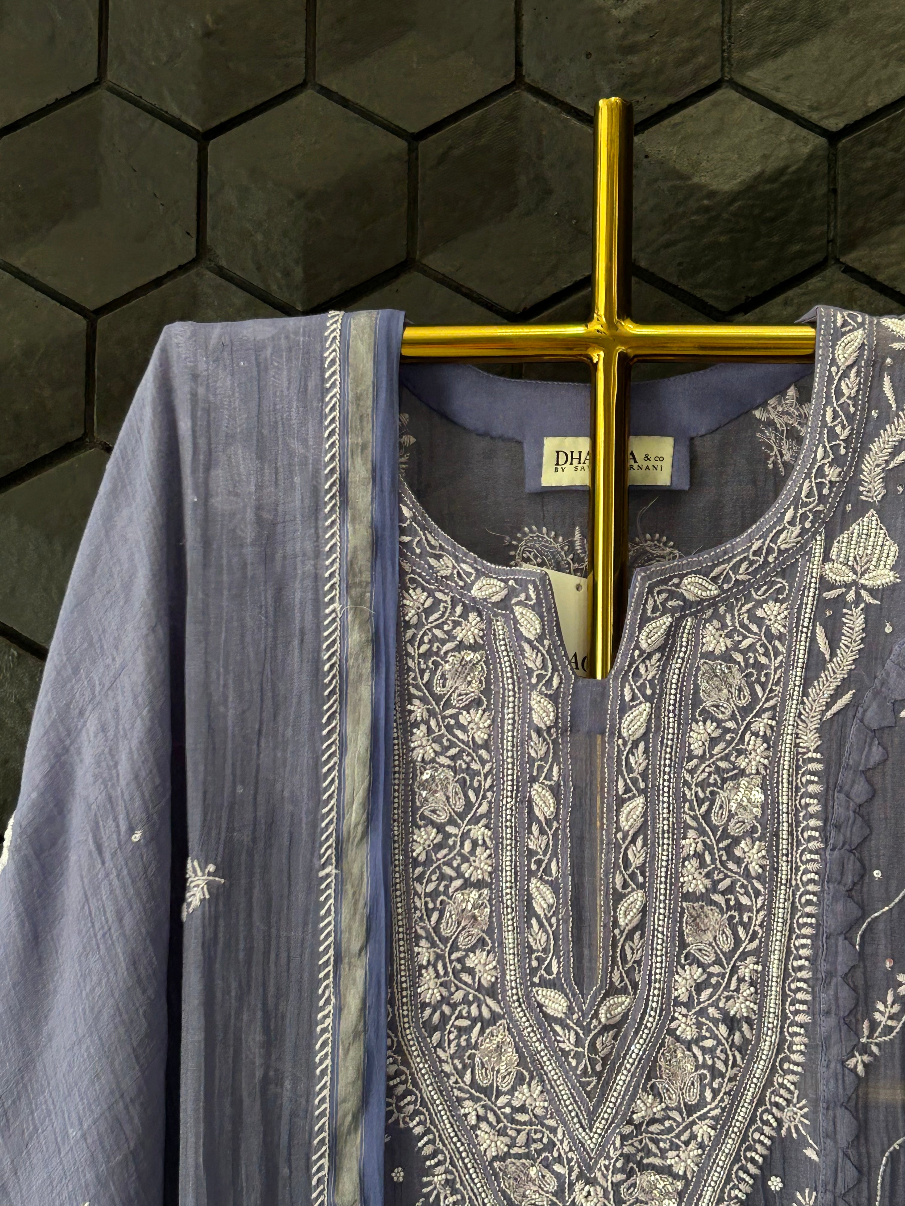 New Purple Silver Tissue Chikankari Kurta Set