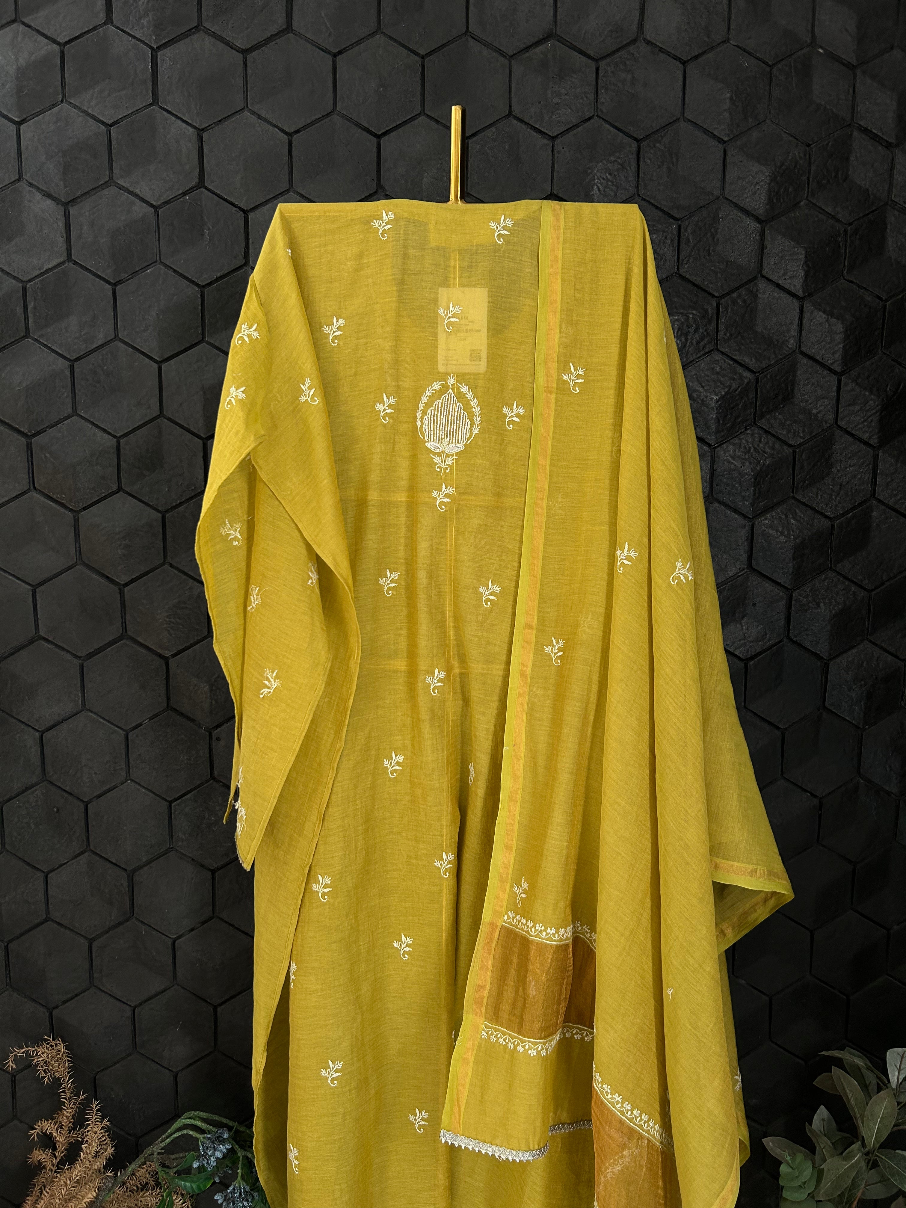 Lime Green Tissue Chikankari Kurta Set