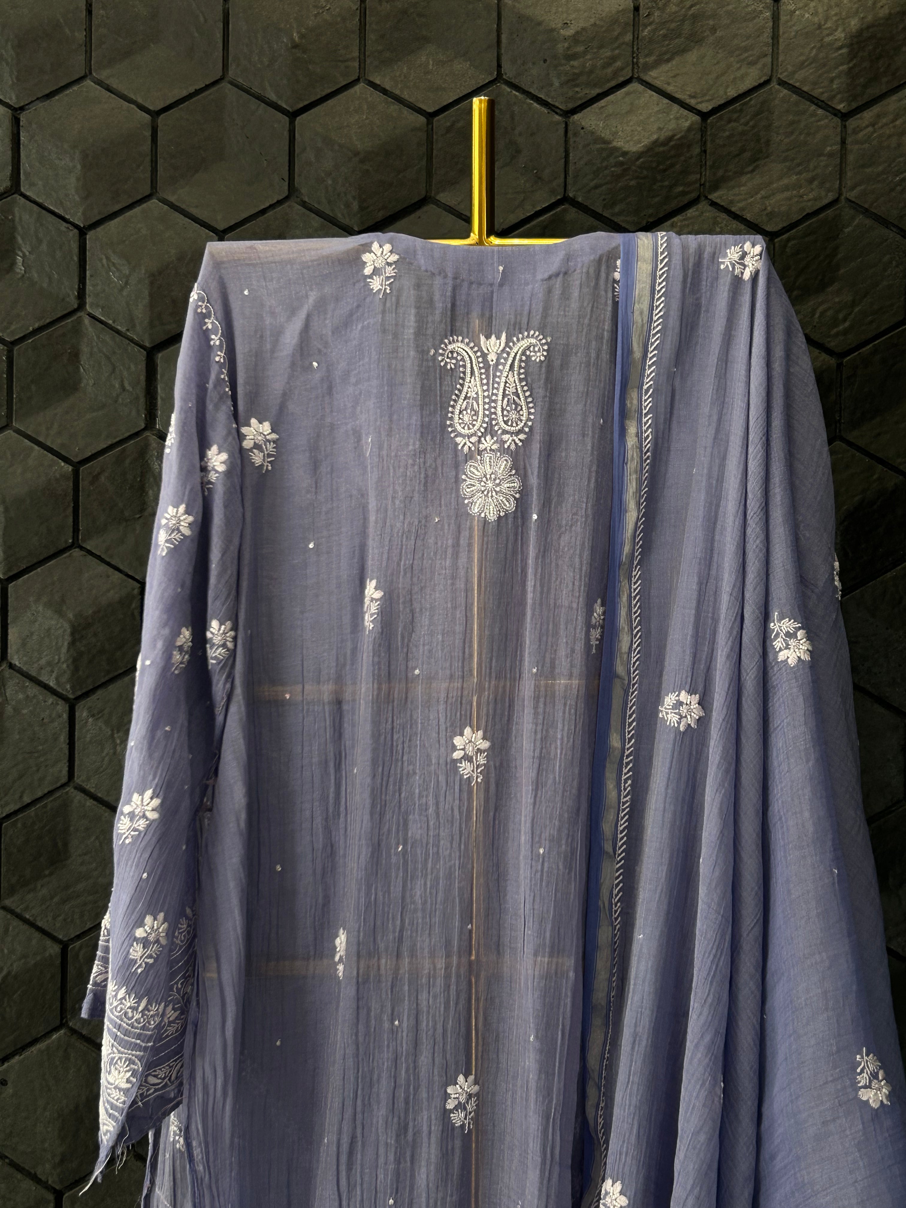 New Purple Silver Tissue Chikankari Kurta Set