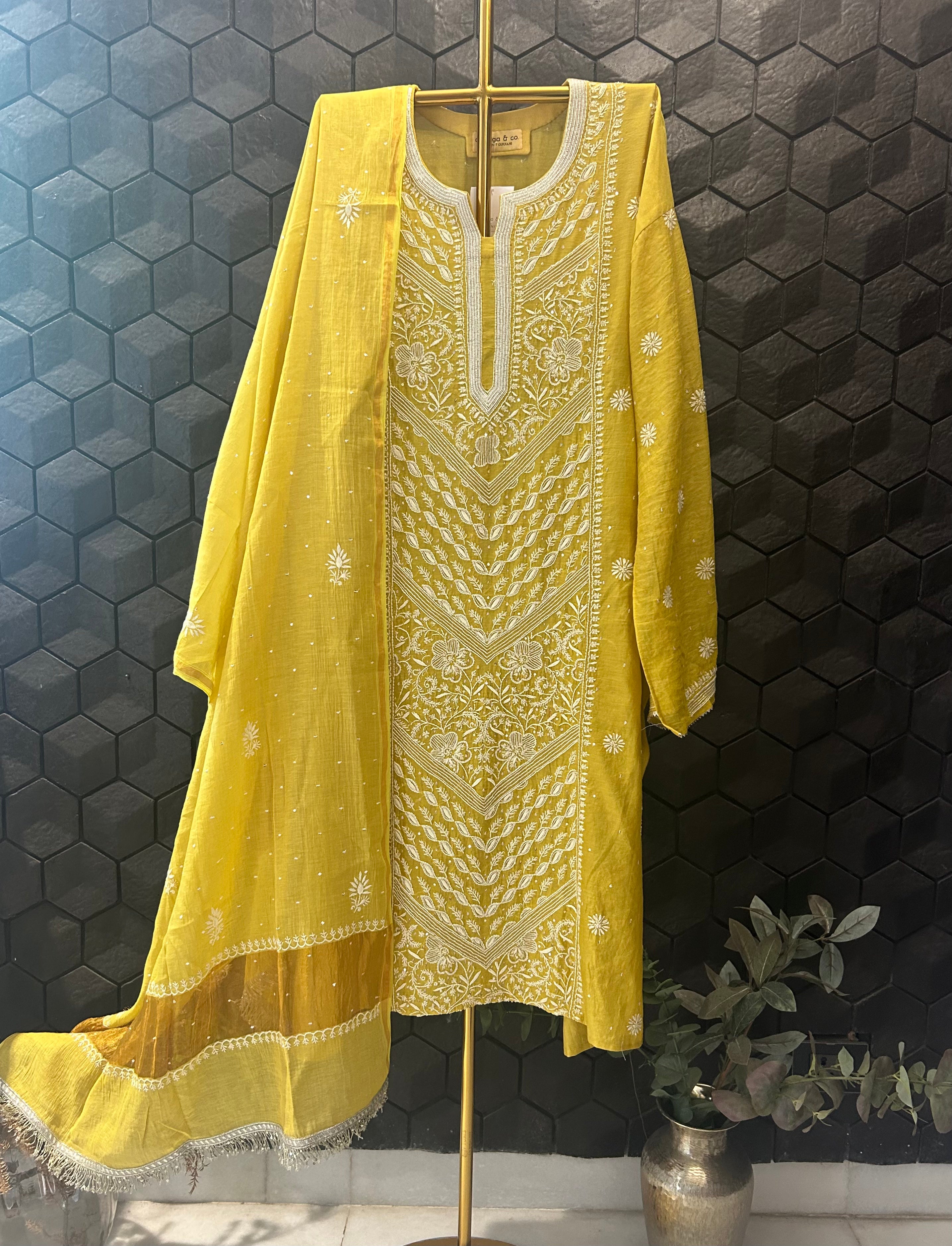 Lime Green Tissue Chikankari Kurta Set