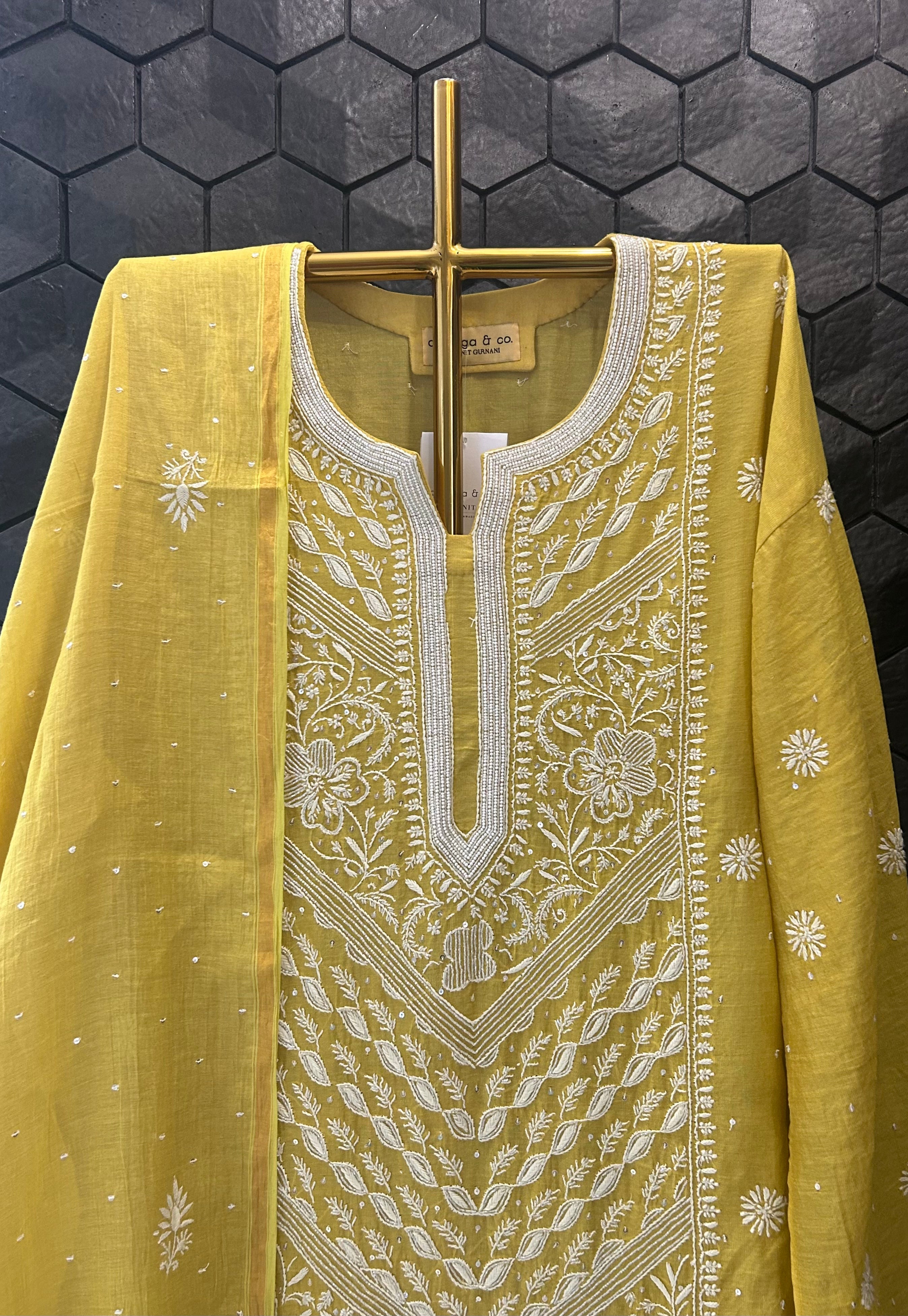 Lime Green Tissue Chikankari Kurta Set