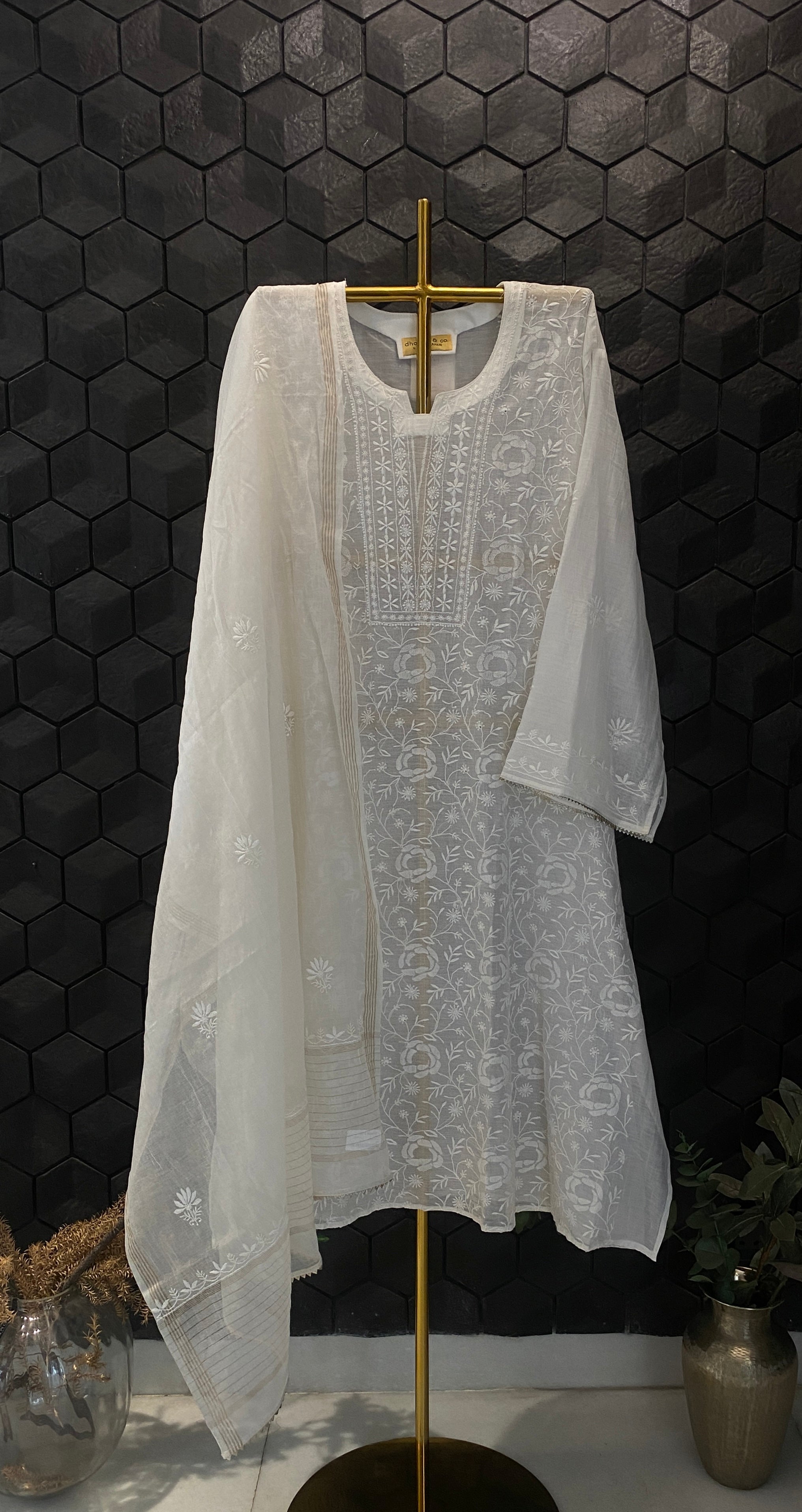 White Chanderi Chikankari Kurta Set