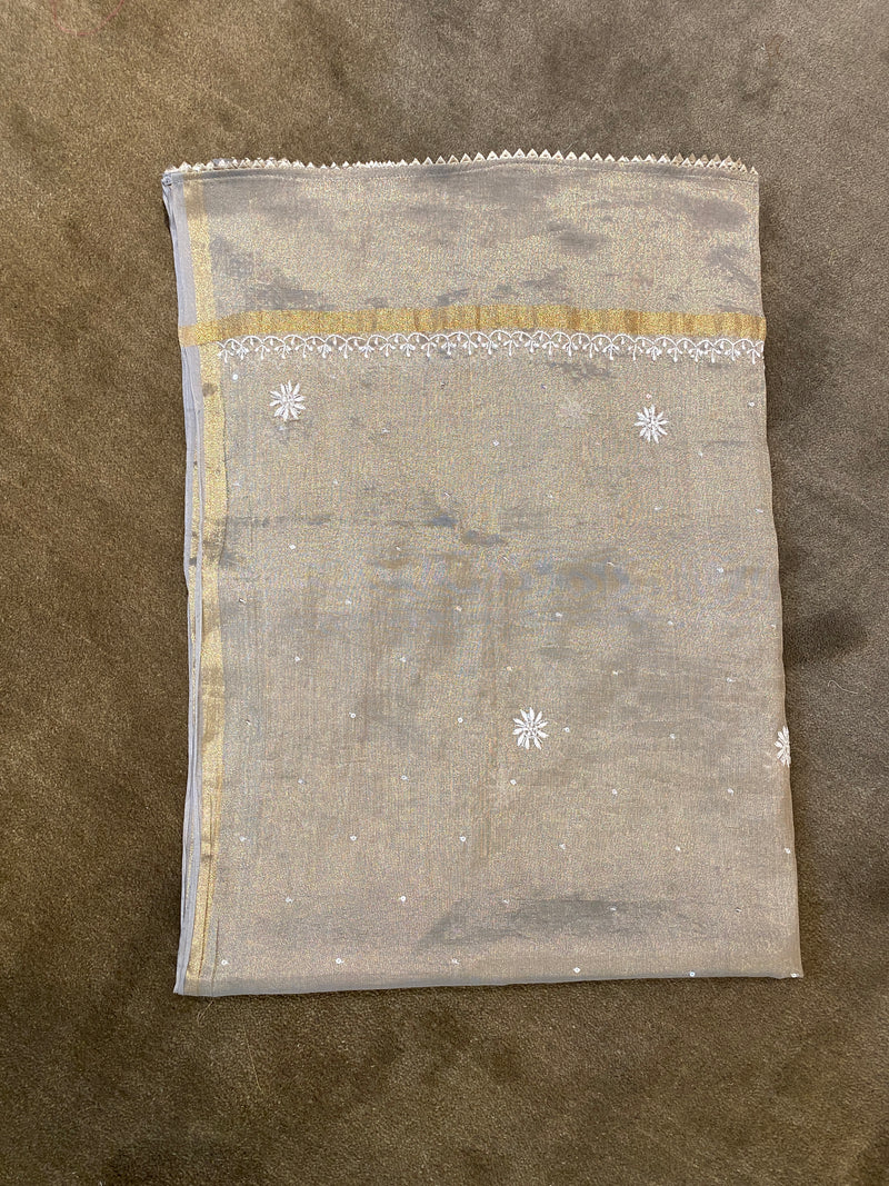 Grey Golden Tissue Chikankari Kurta Set