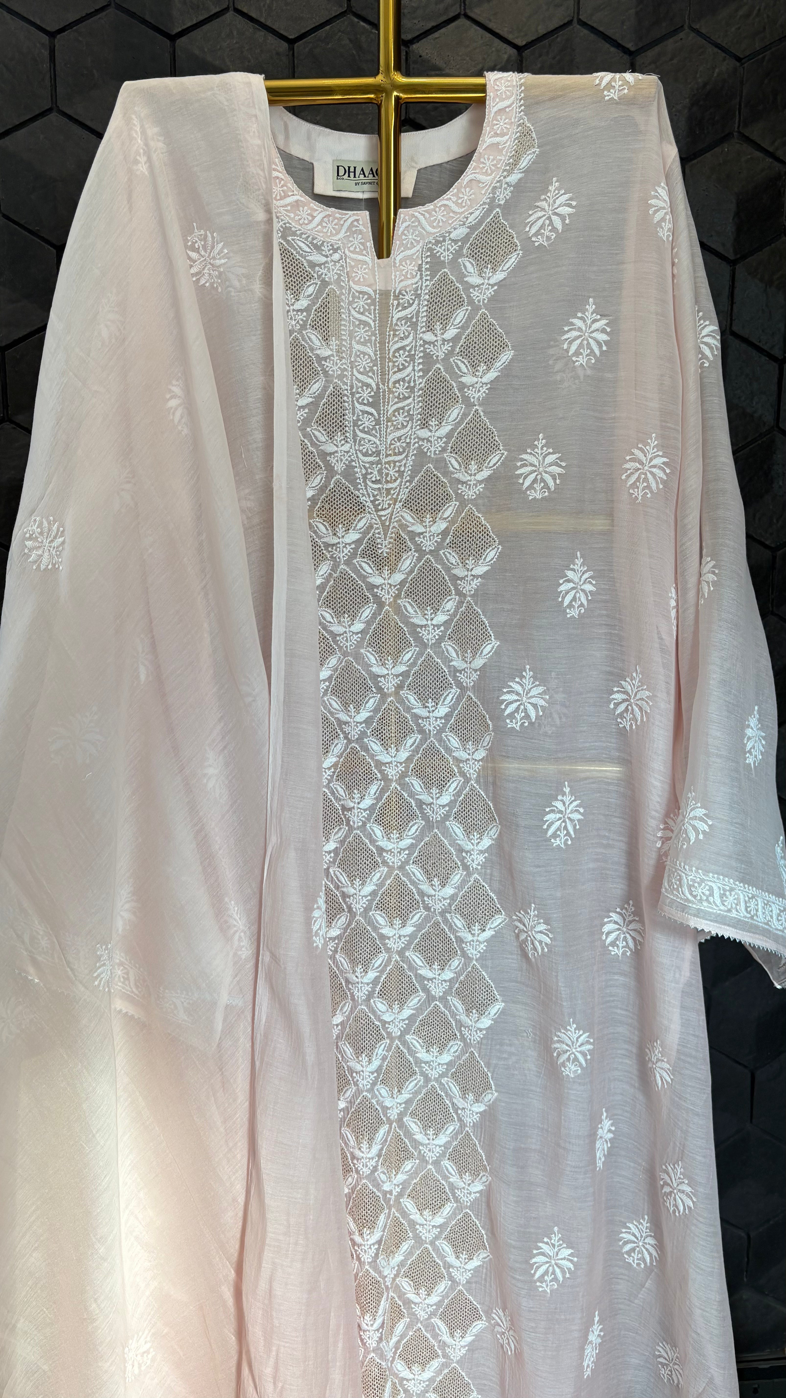 Pink mul chanderi chikankari kurta set