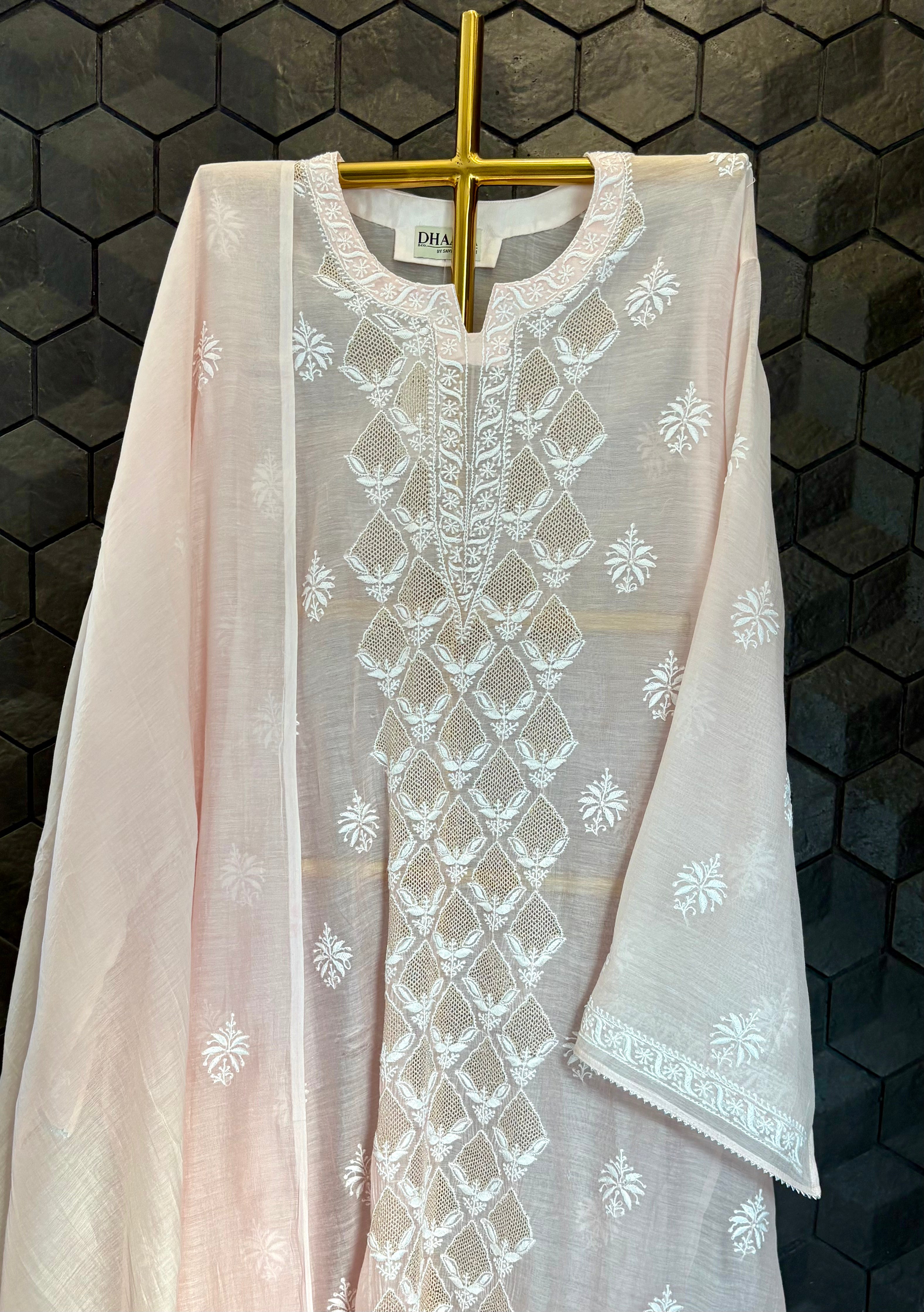 Pink mul chanderi chikankari kurta set