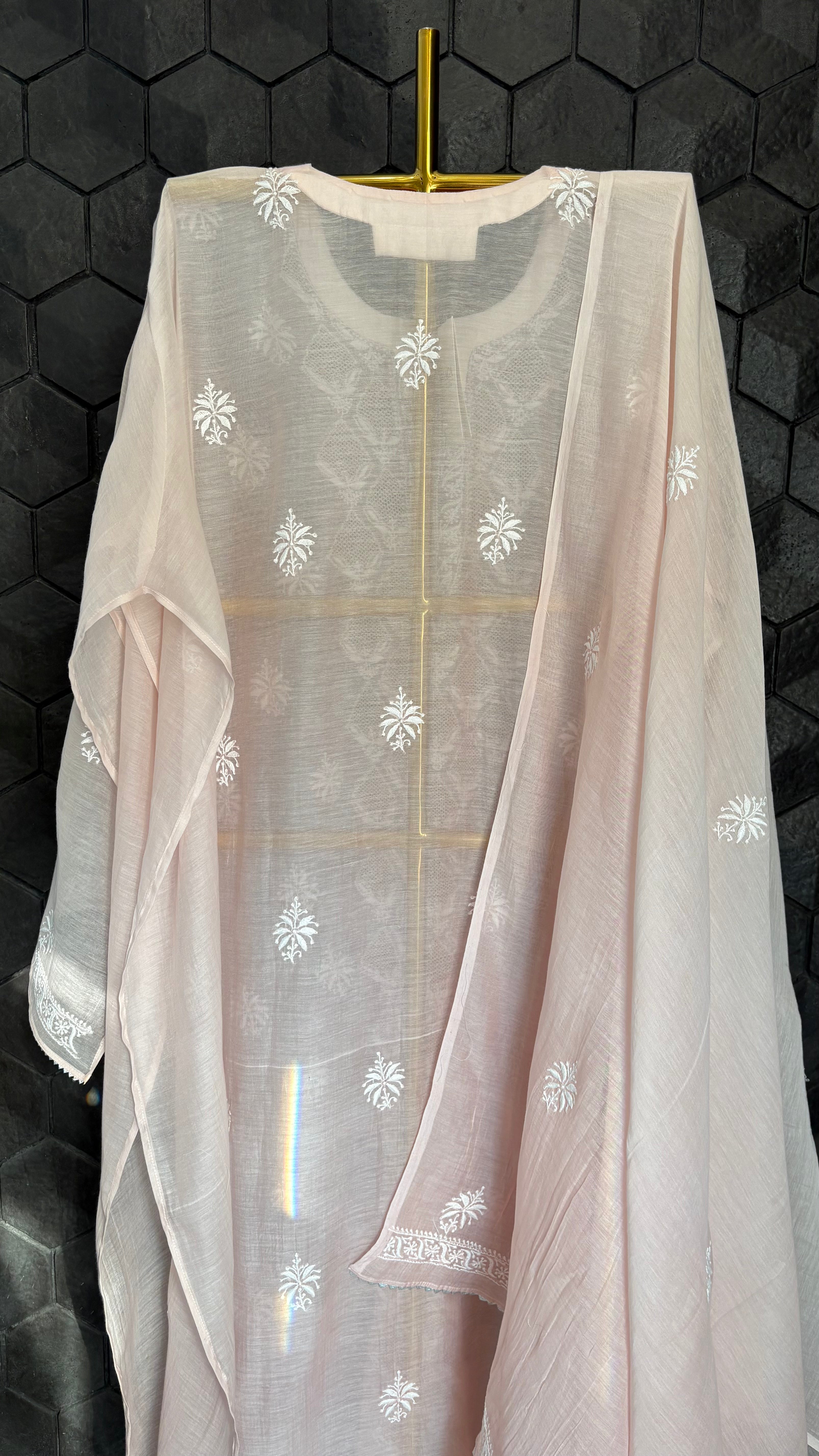 Pink mul chanderi chikankari kurta set