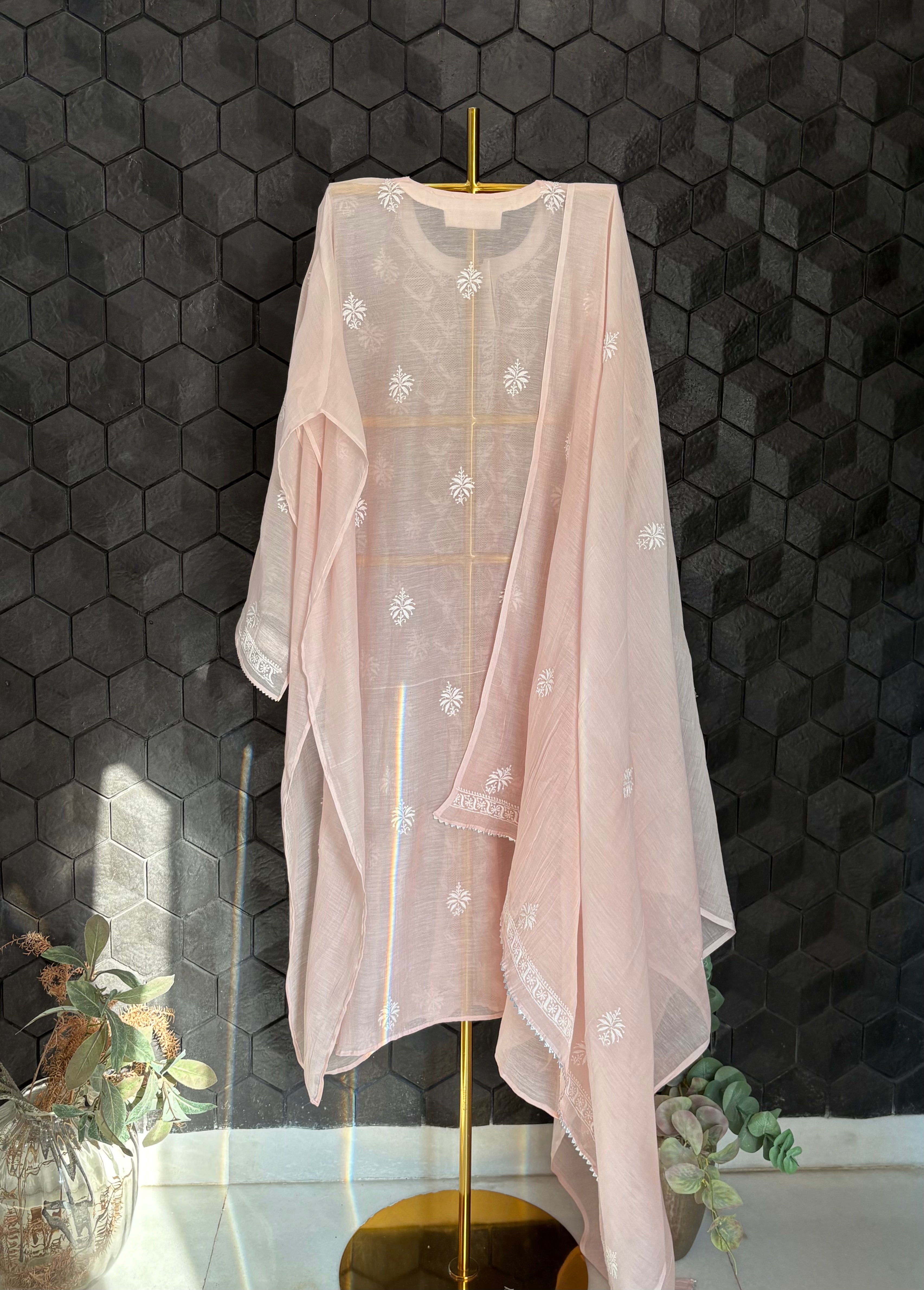 Pink mul chanderi chikankari kurta set