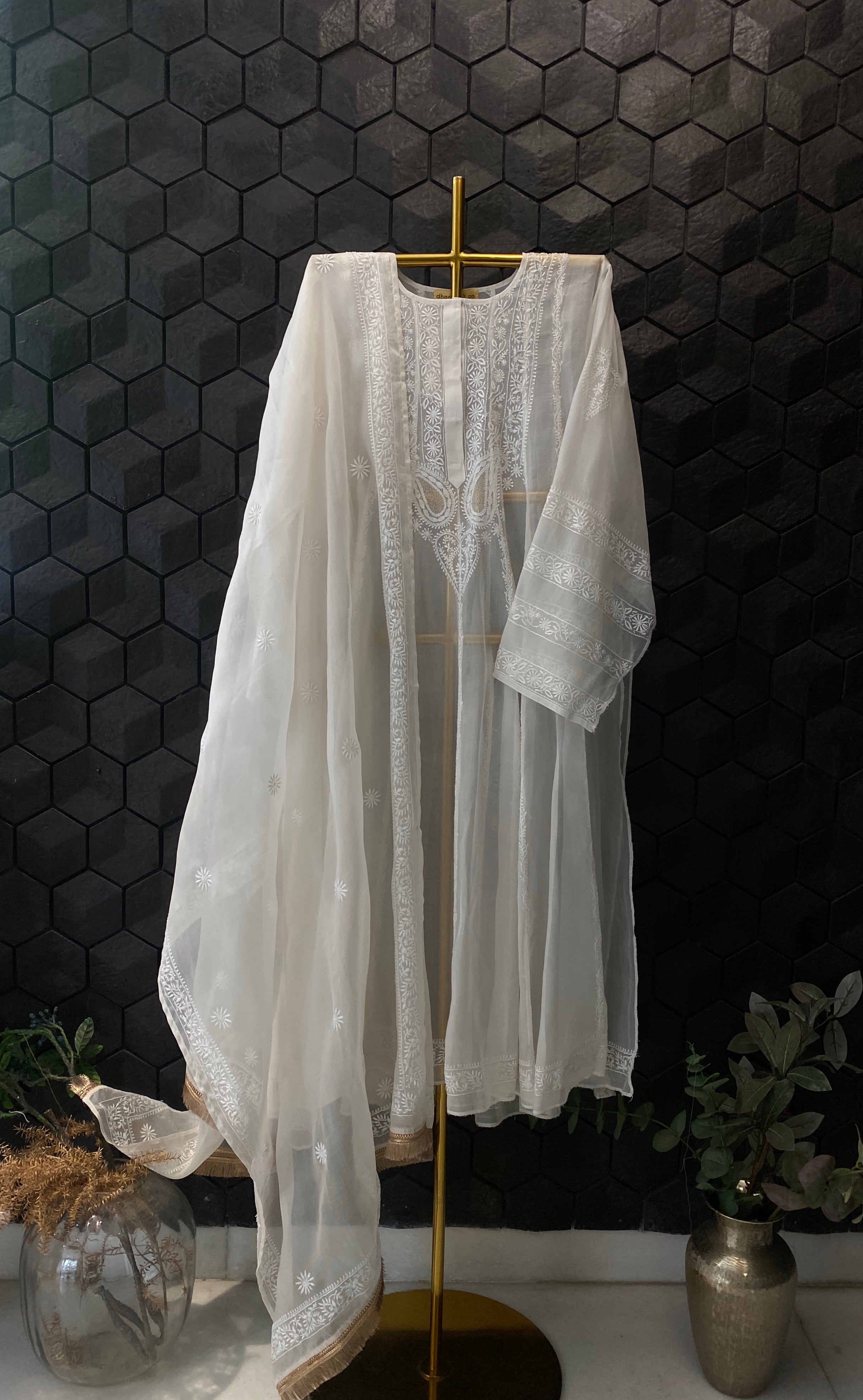 WHITE ORGANZA CHIKANKARI ANARKALI SET