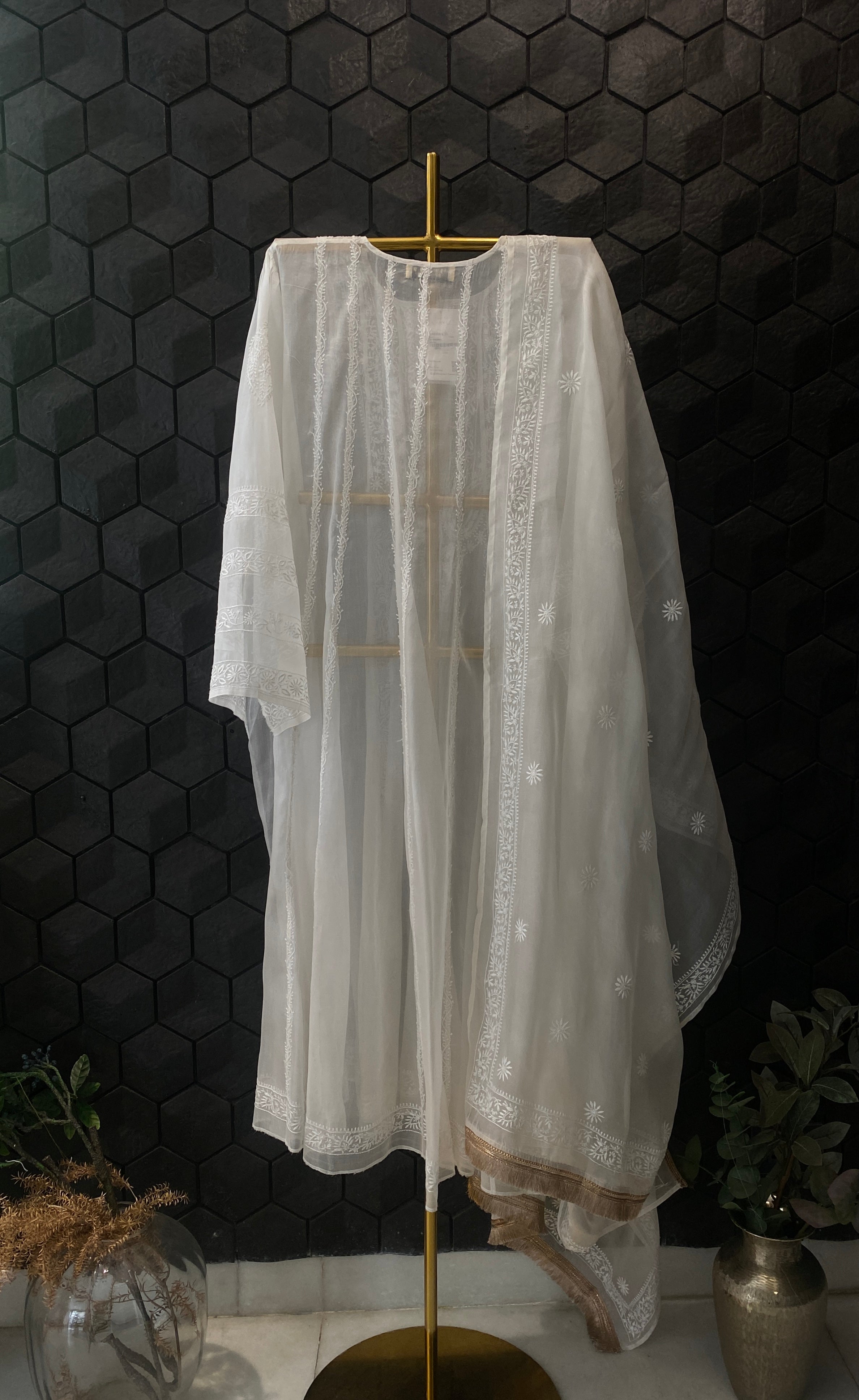 WHITE ORGANZA CHIKANKARI ANARKALI SET