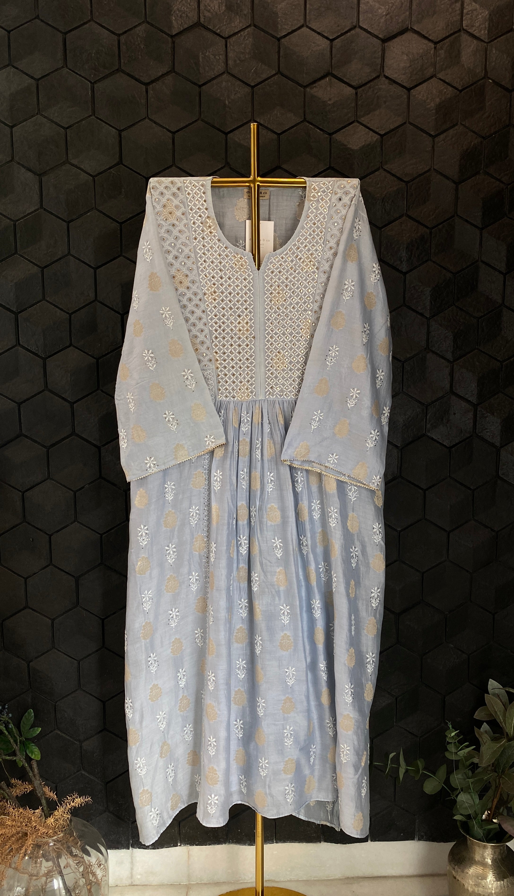 Grey Chanderi Chikankari and Mukaish Kurti