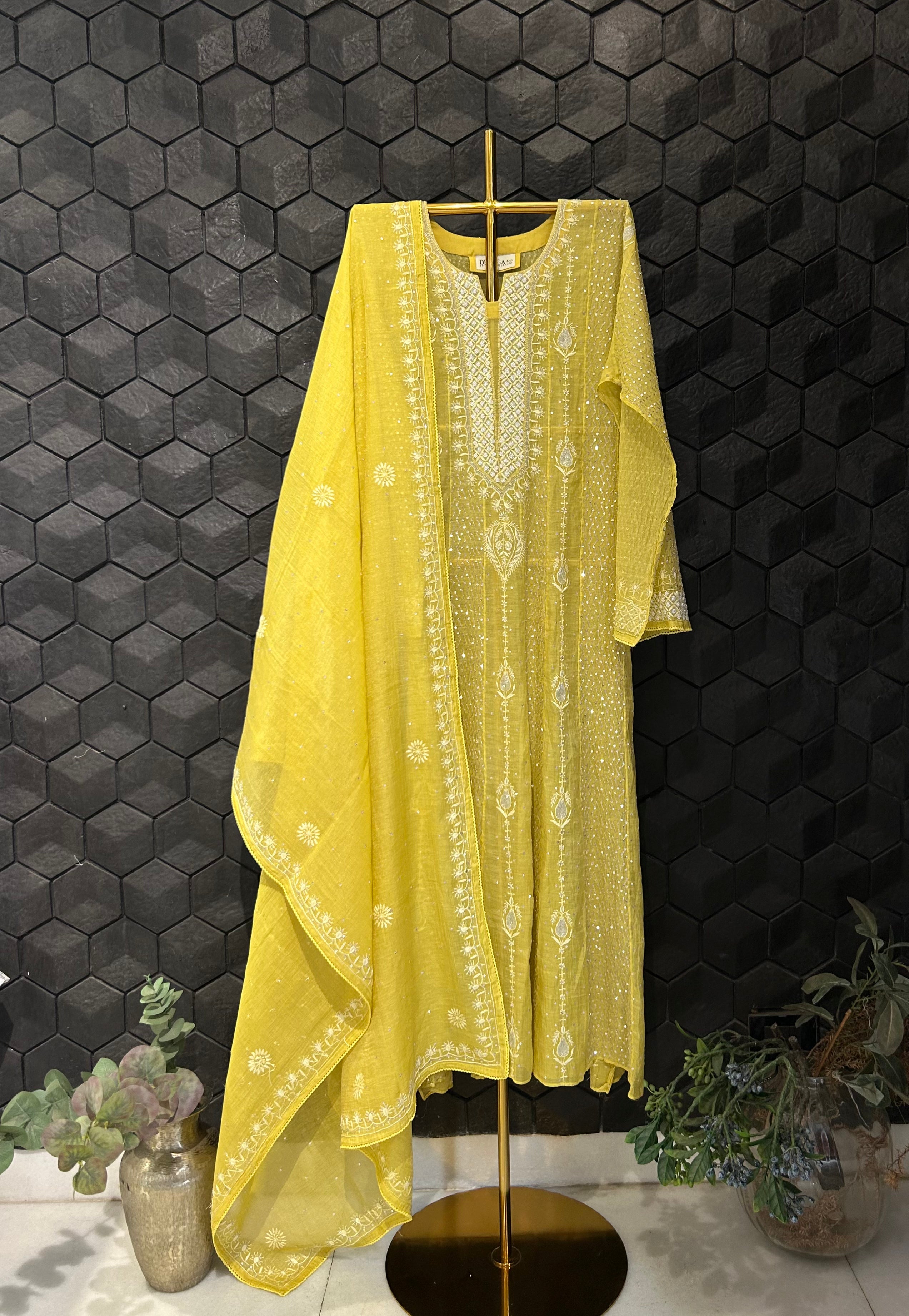 Lime Green Silver Tissue Chikankari Anarkali Set