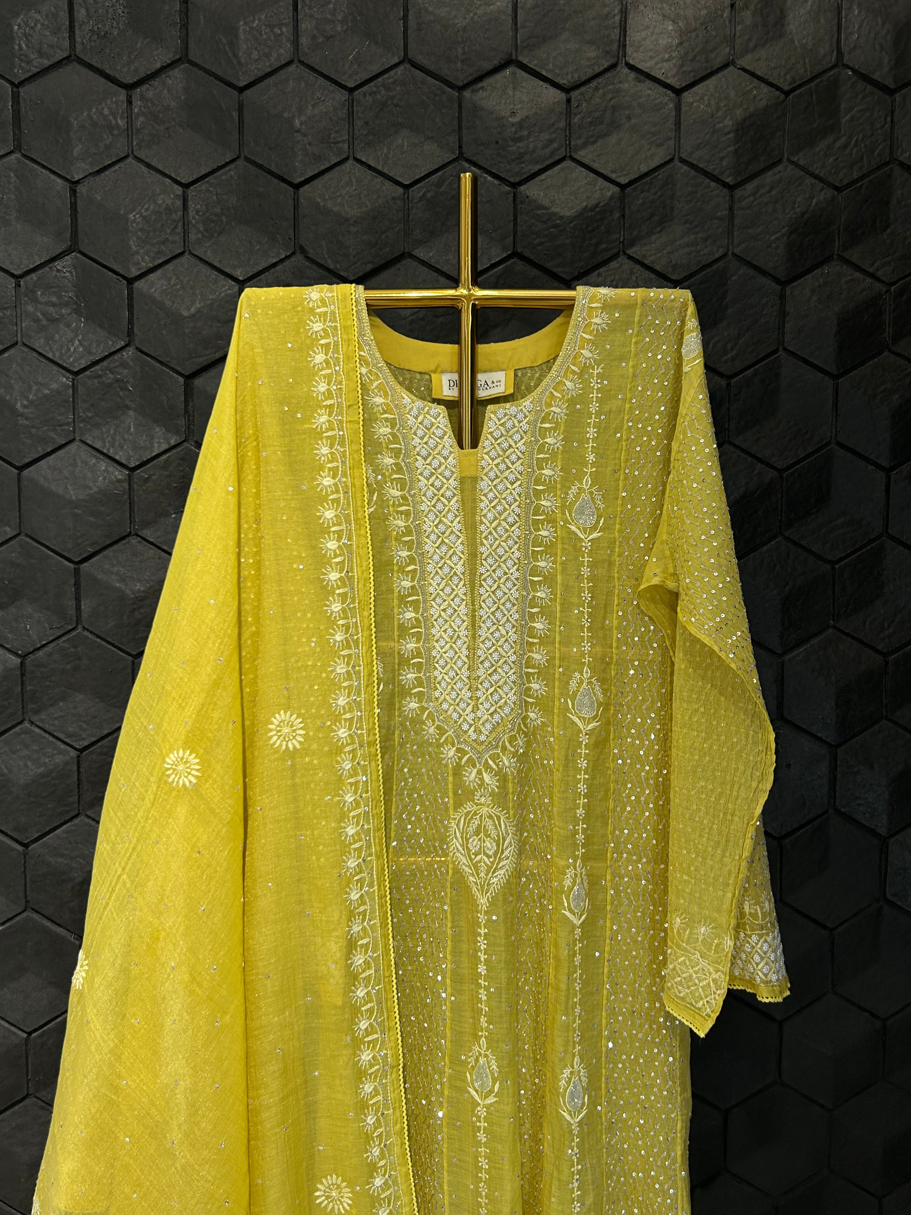 Lime Green Silver Tissue Chikankari Anarkali Set