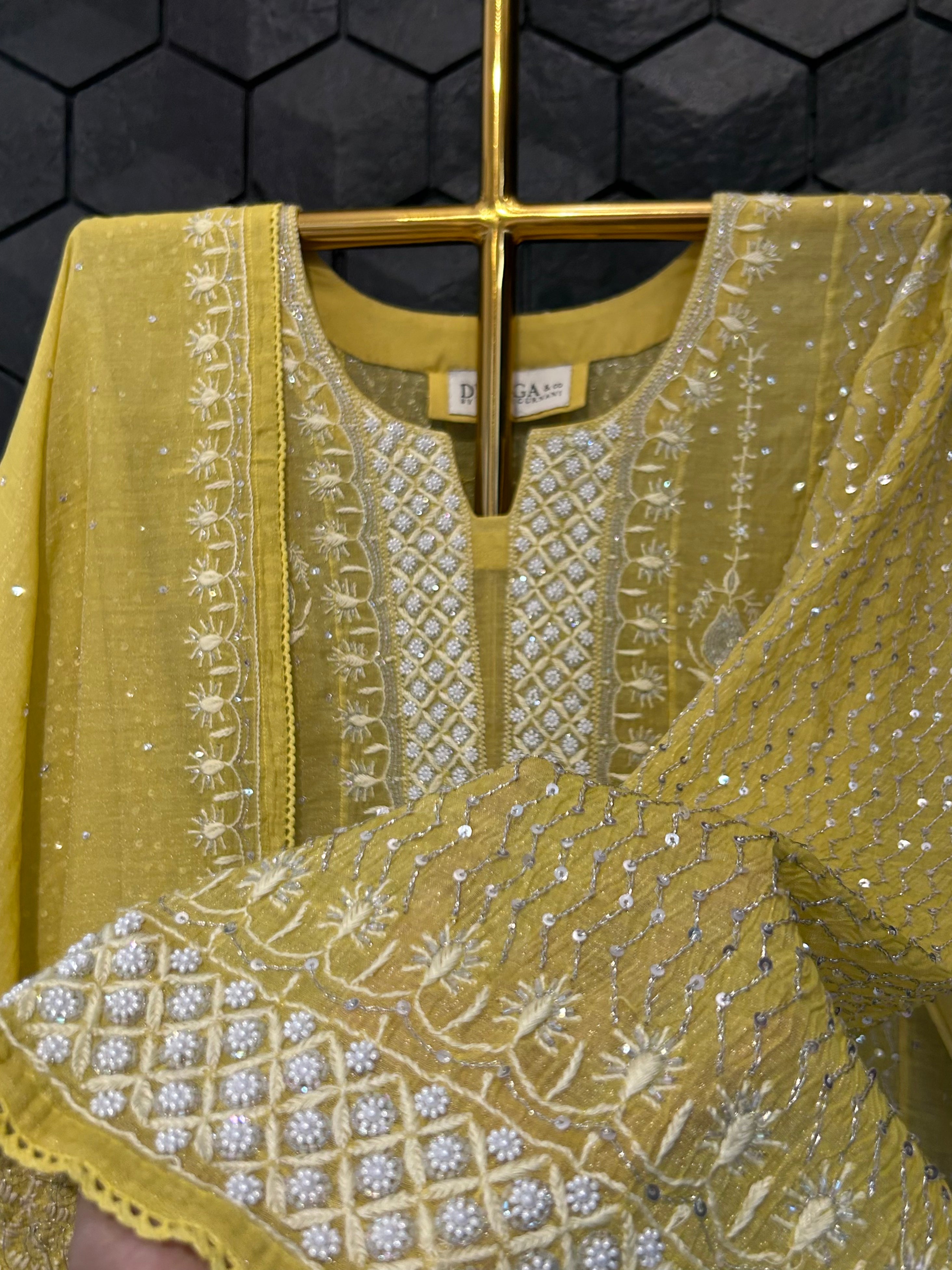 Lime Green Silver Tissue Chikankari Anarkali Set