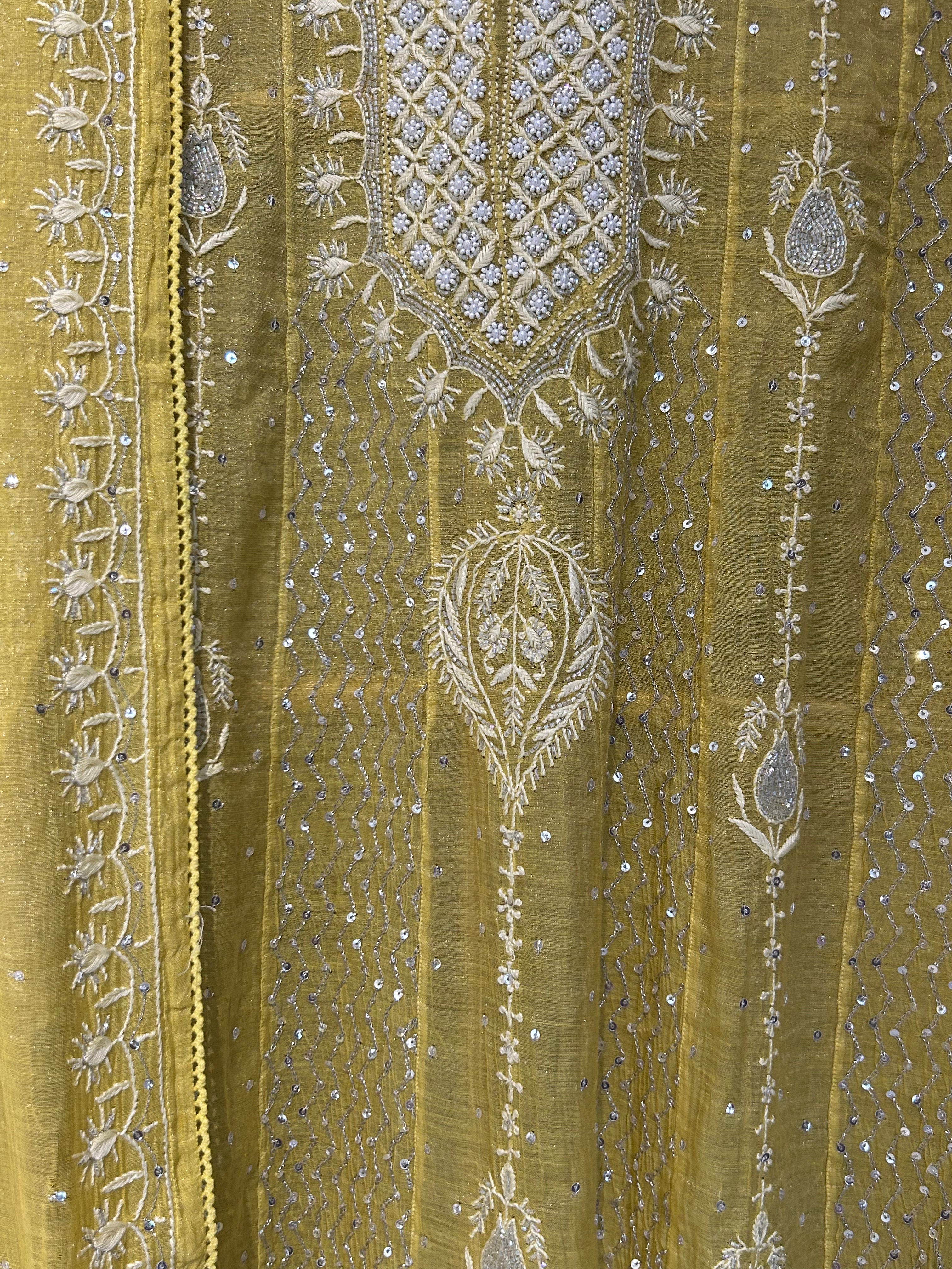 Lime Green Silver Tissue Chikankari Anarkali Set