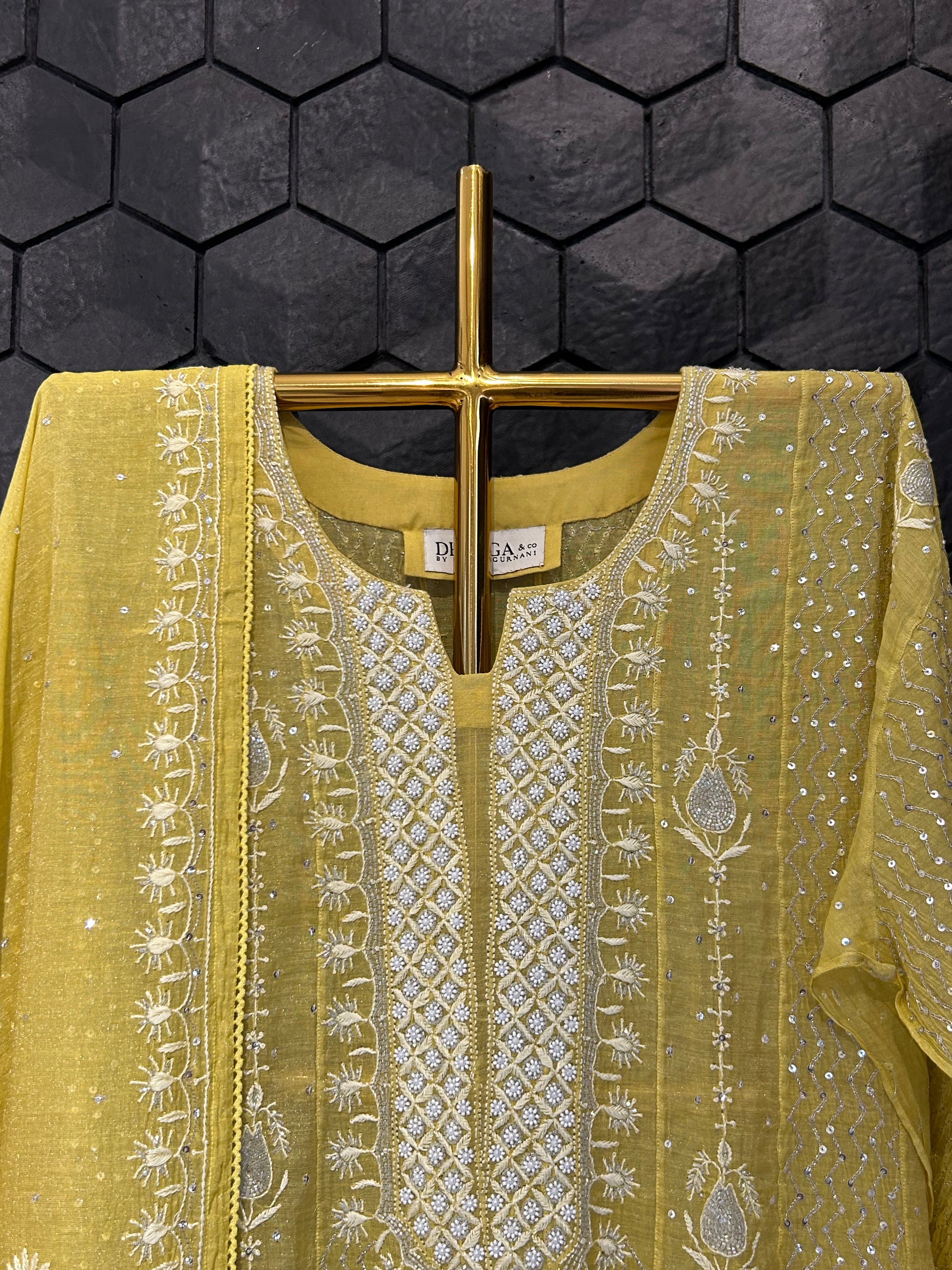 Lime Green Silver Tissue Chikankari Anarkali Set
