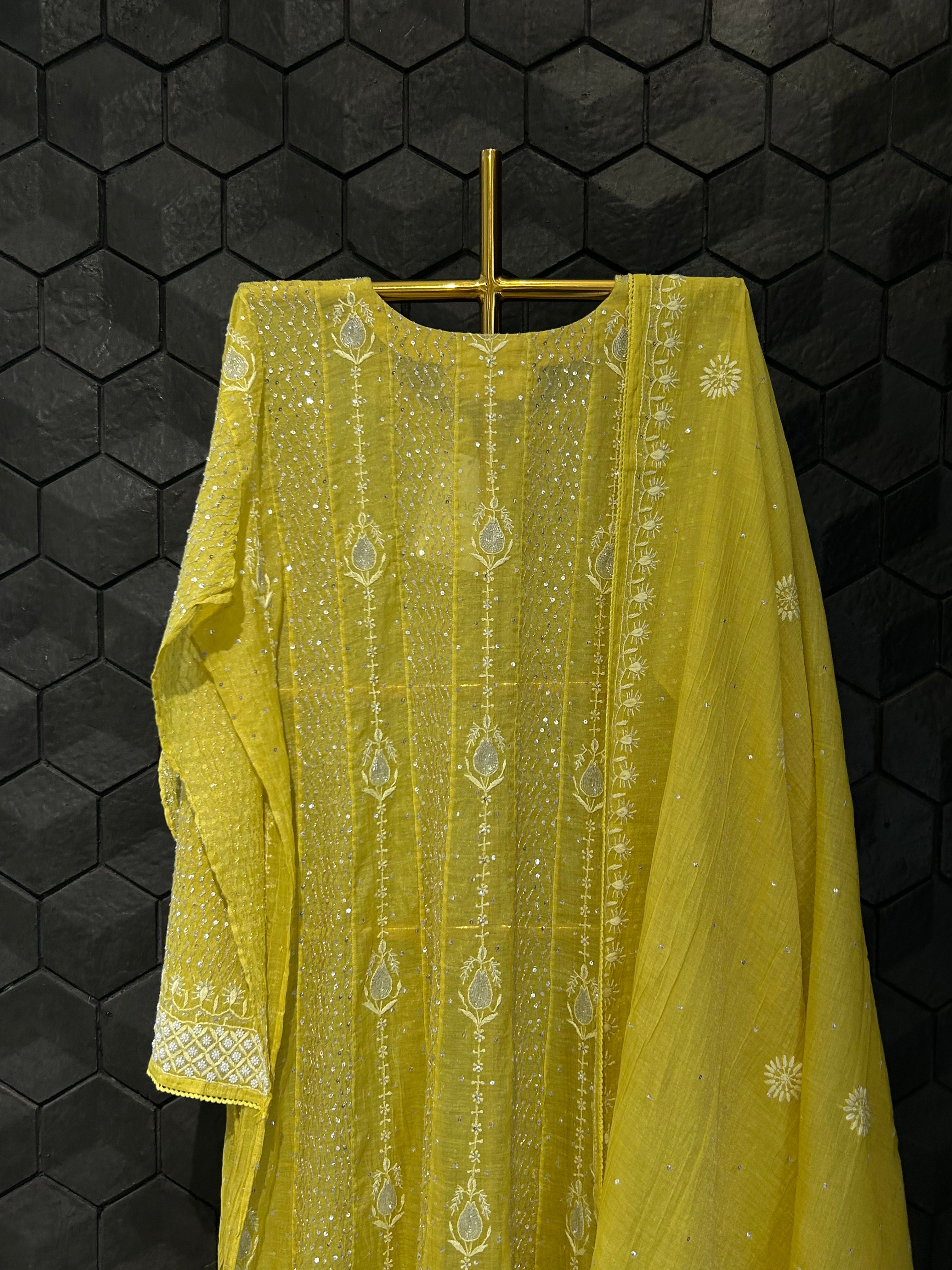 Lime Green Silver Tissue Chikankari Anarkali Set
