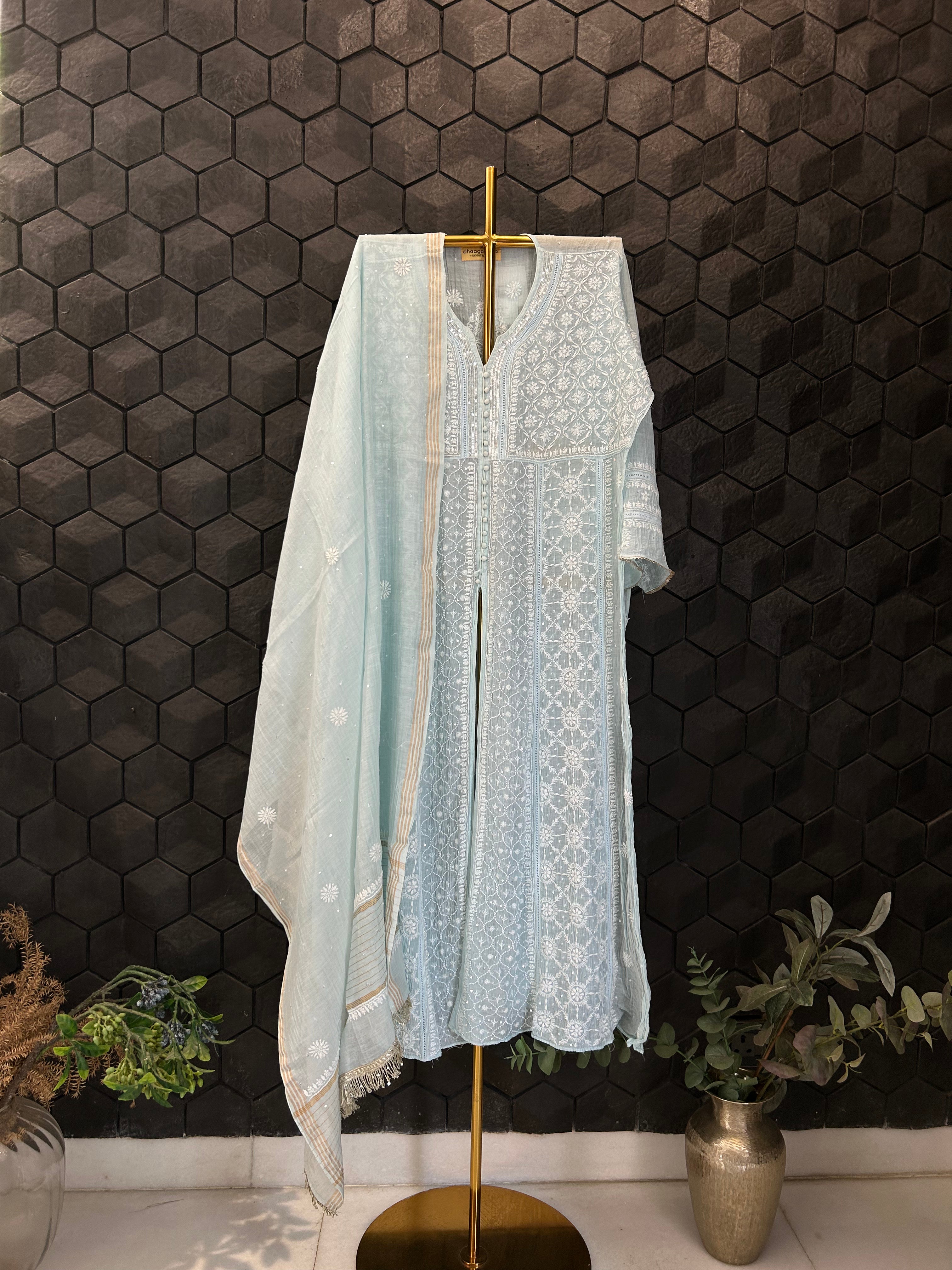 Sky Blue Mul Chanderi Chikankari Kurta Set