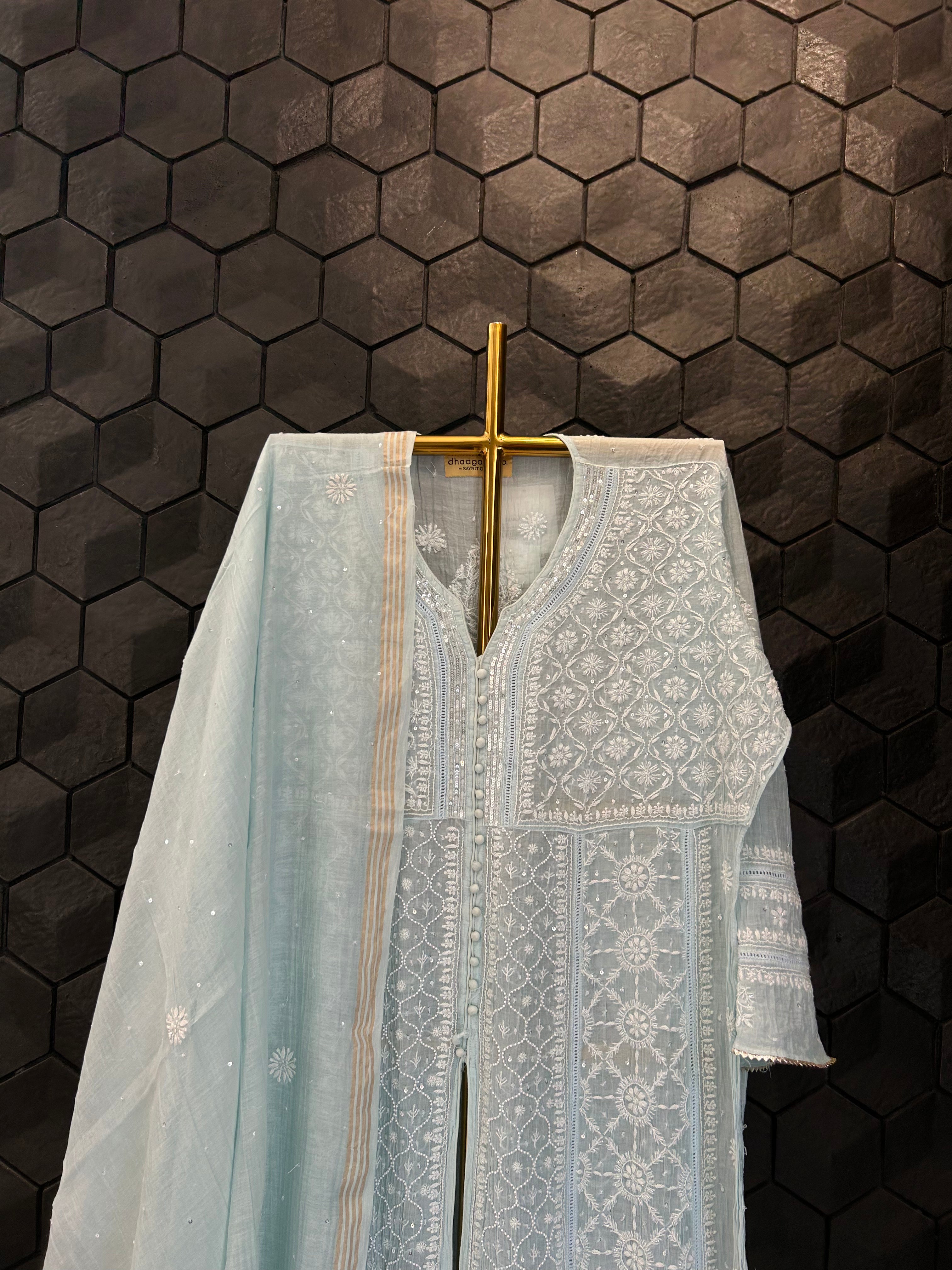 Sky Blue Mul Chanderi Chikankari Kurta Set