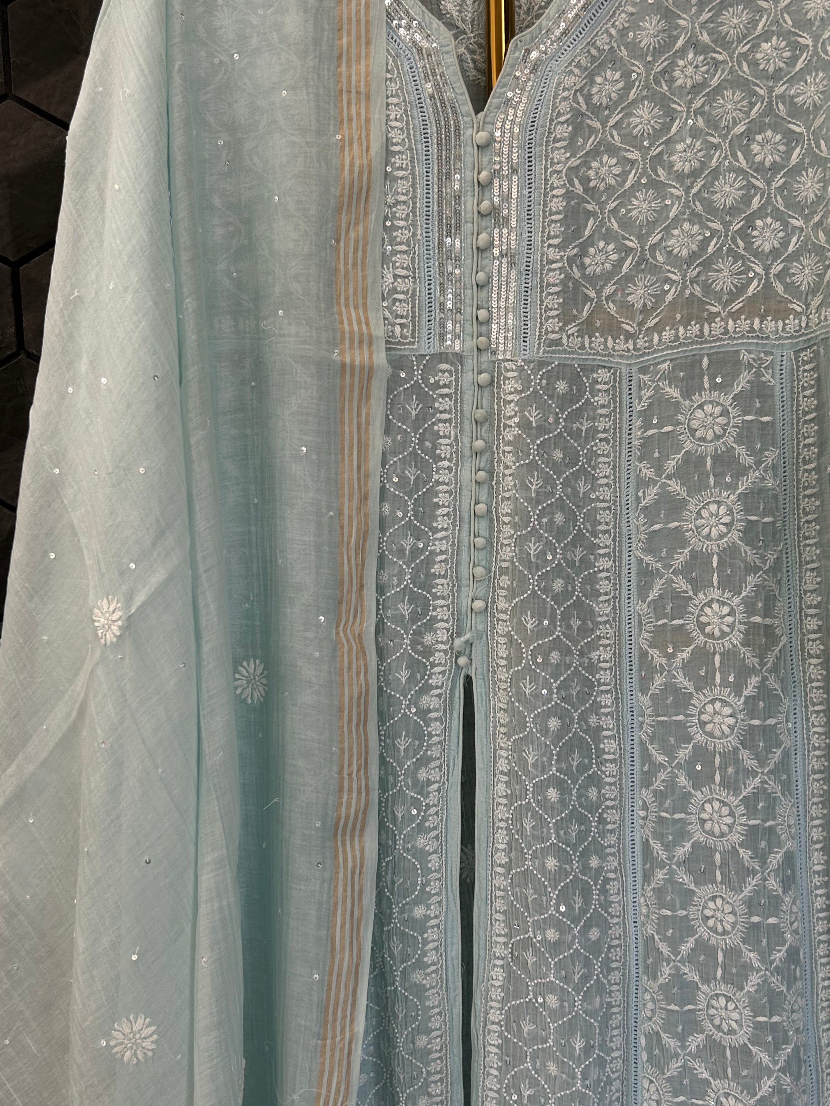 Sky Blue Mul Chanderi Chikankari Kurta Set