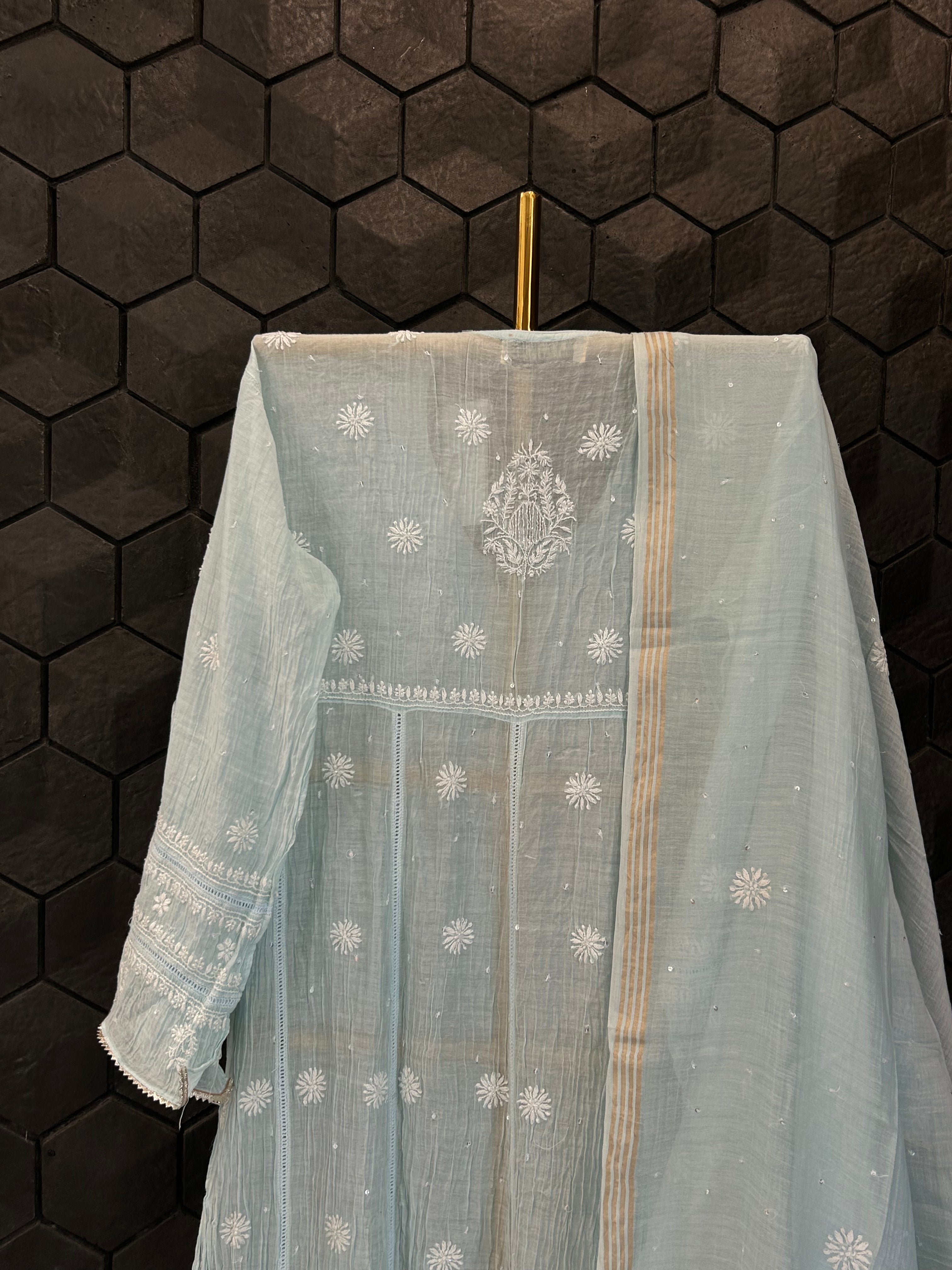 Sky Blue Mul Chanderi Chikankari Kurta Set