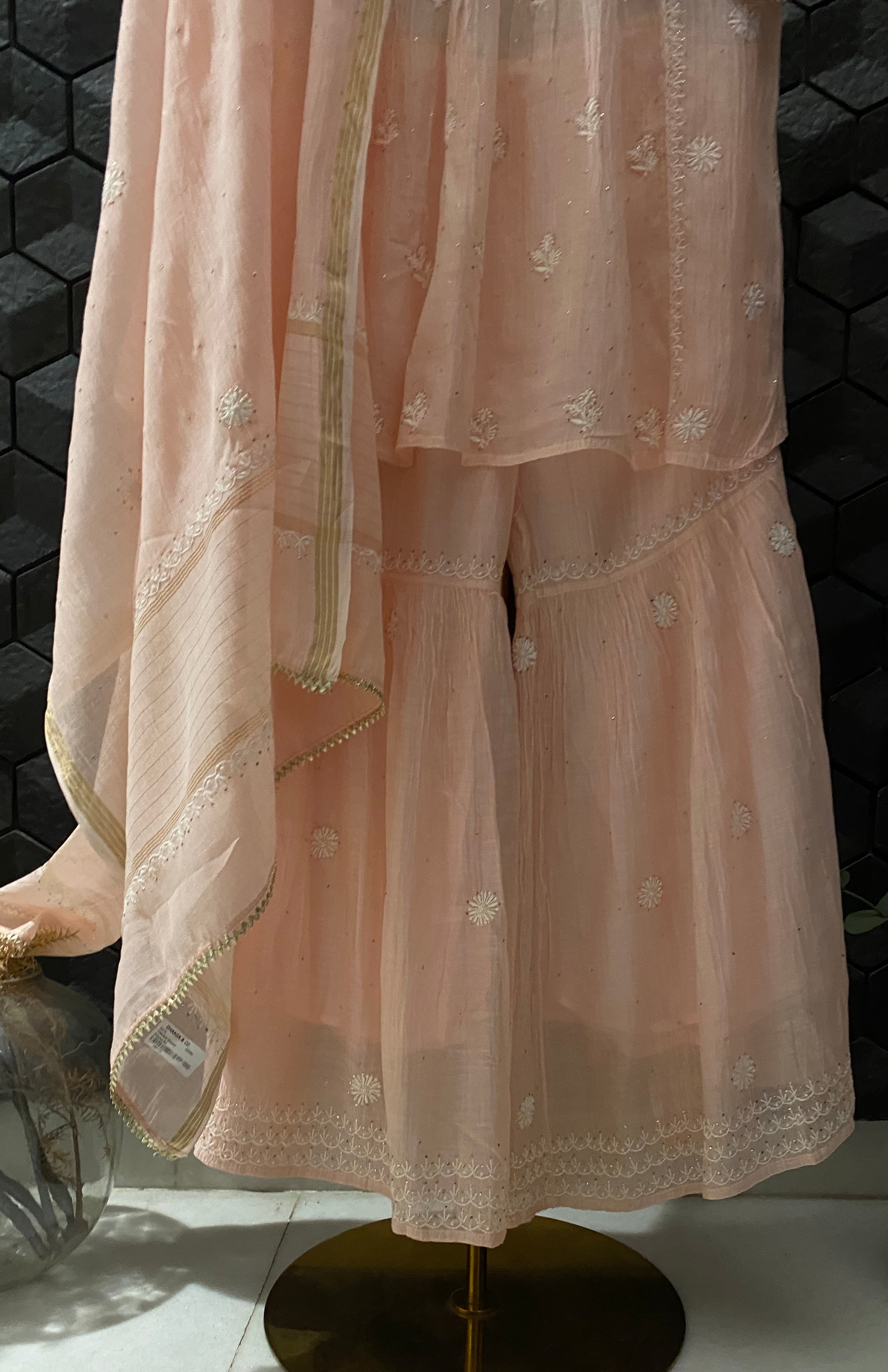 PINK MUL CHANDERI CHIKANKARI  GARARA SET