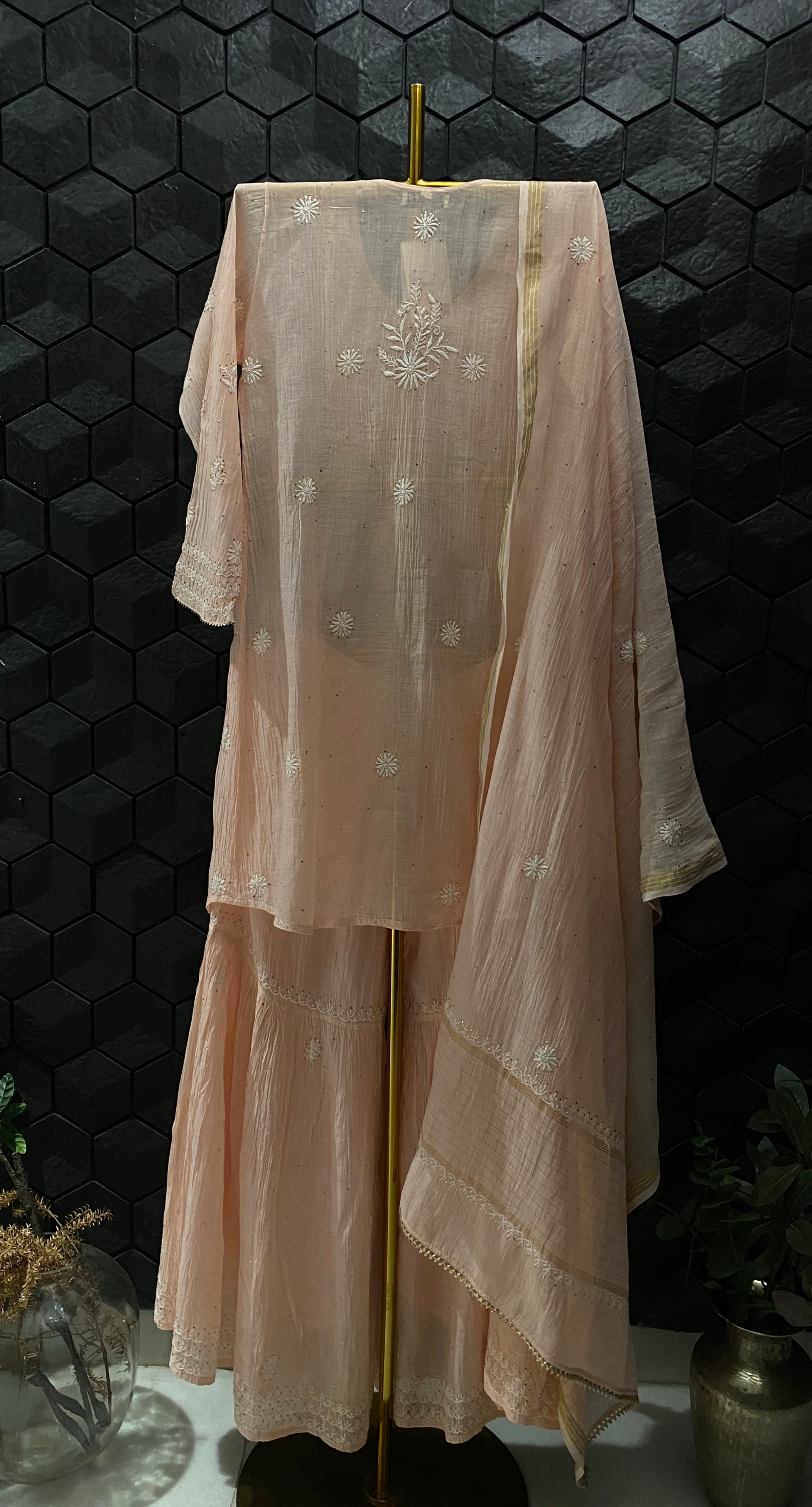 PINK MUL CHANDERI CHIKANKARI  GARARA SET