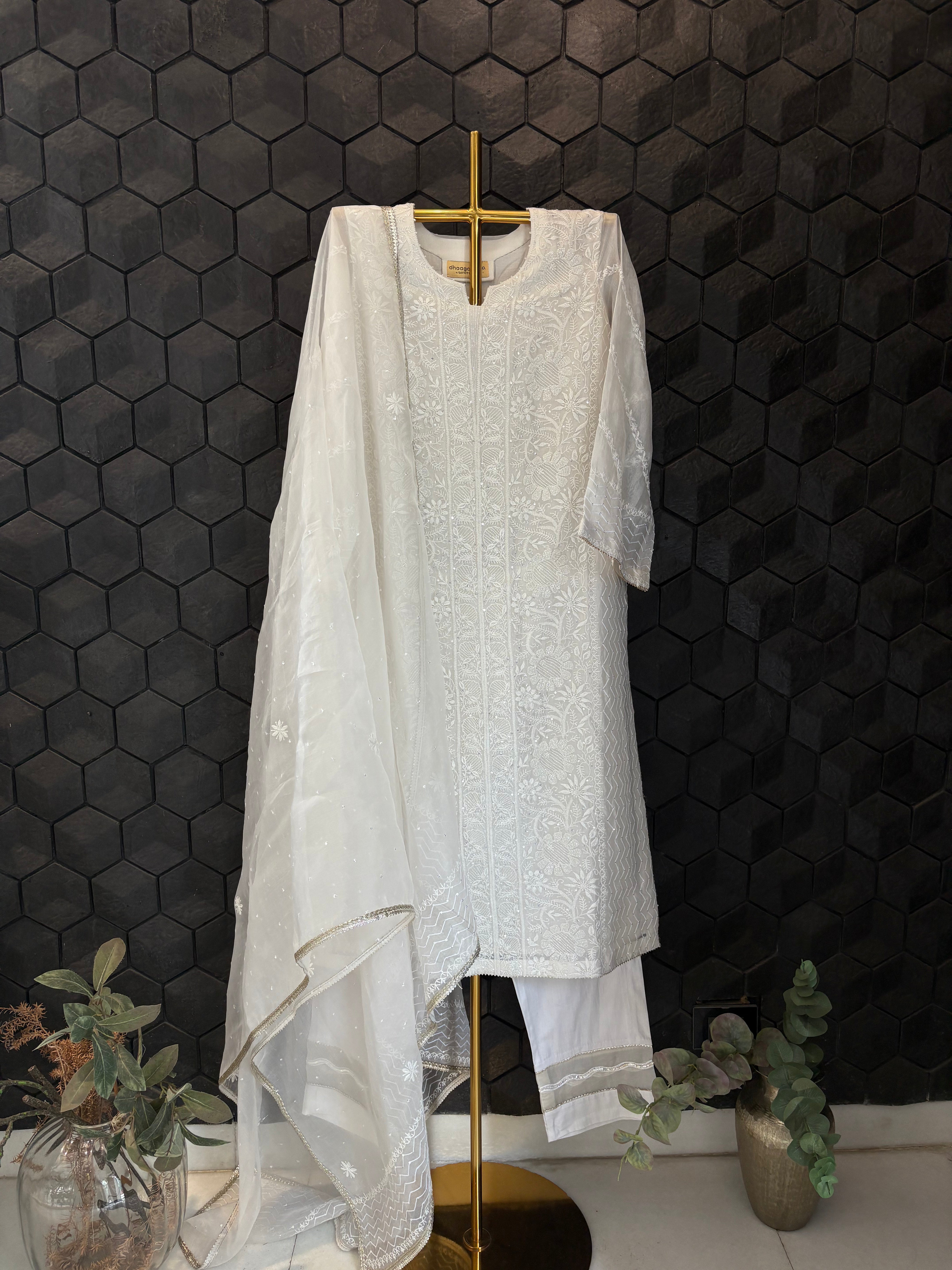 White Organza Chikankari Suit Set