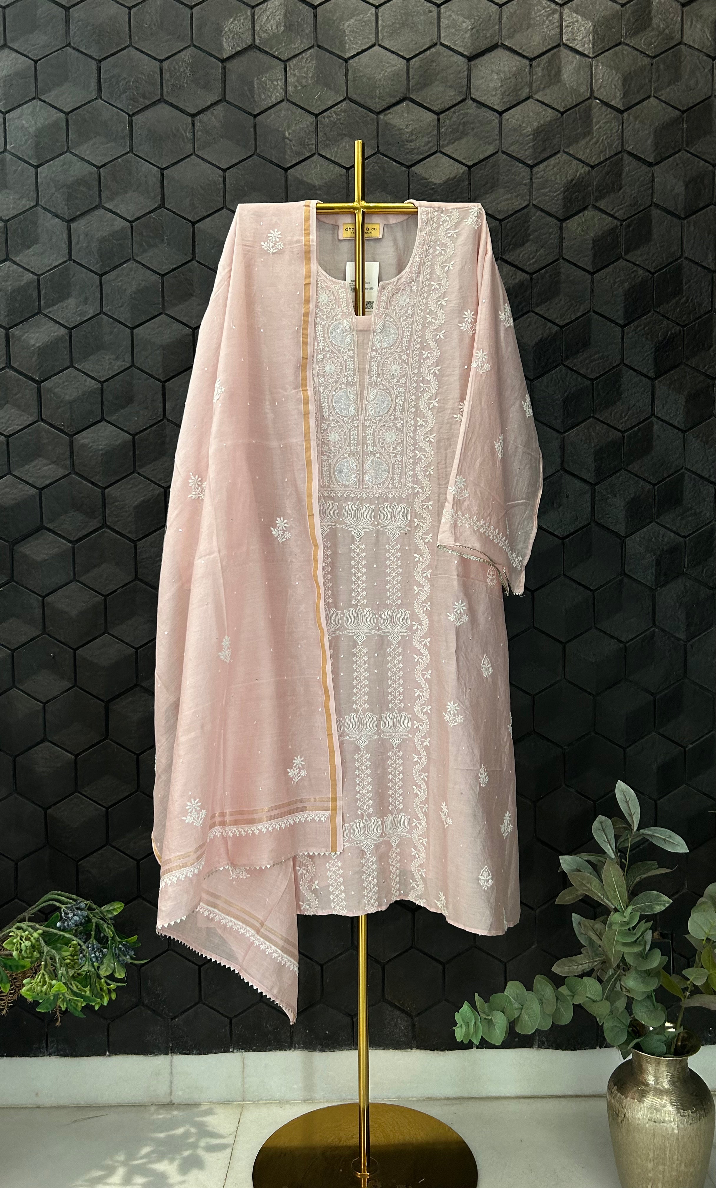 Pink Chanderi Chikankari Kurta Set