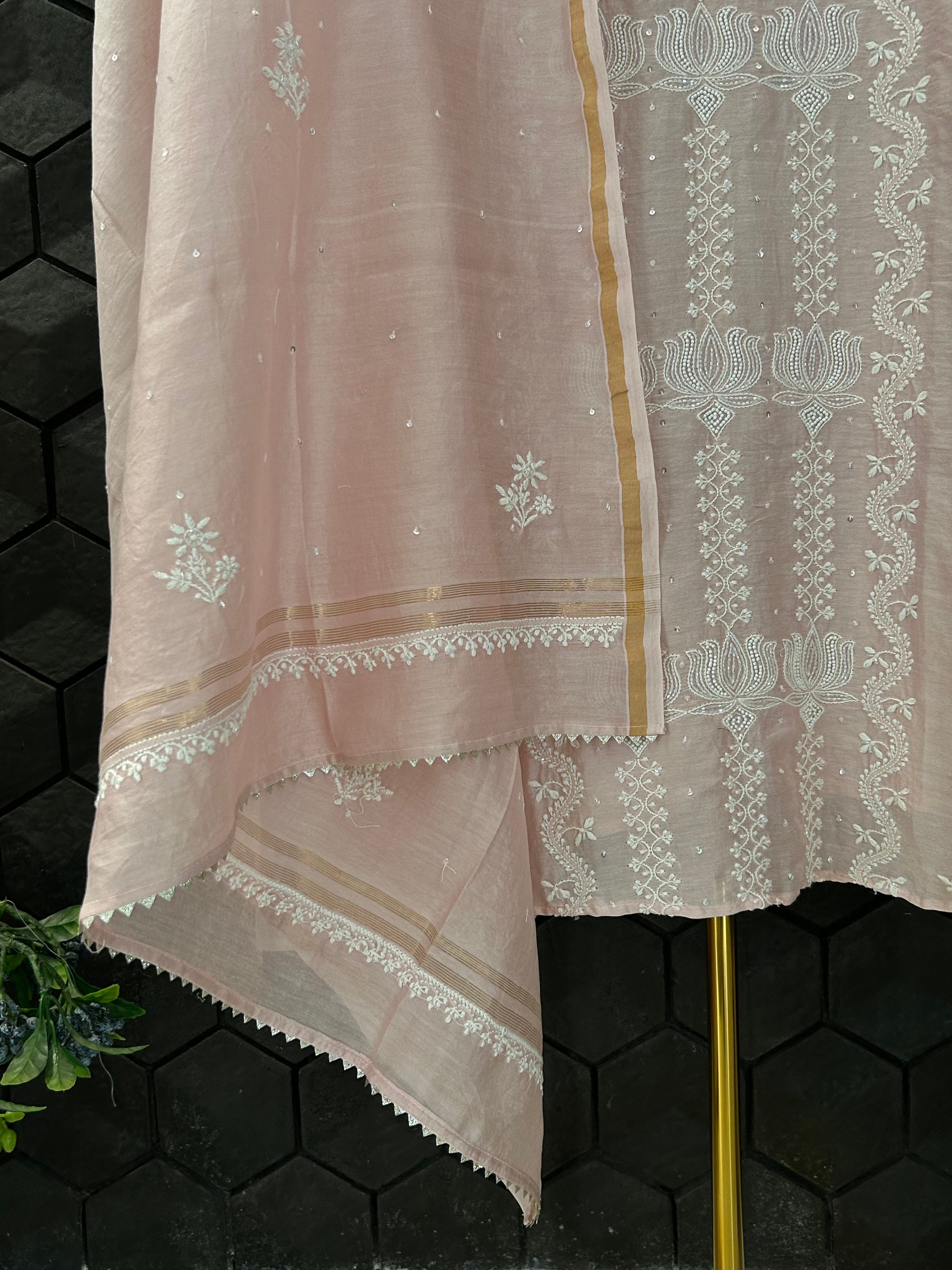 Pink Chanderi Chikankari Kurta Set