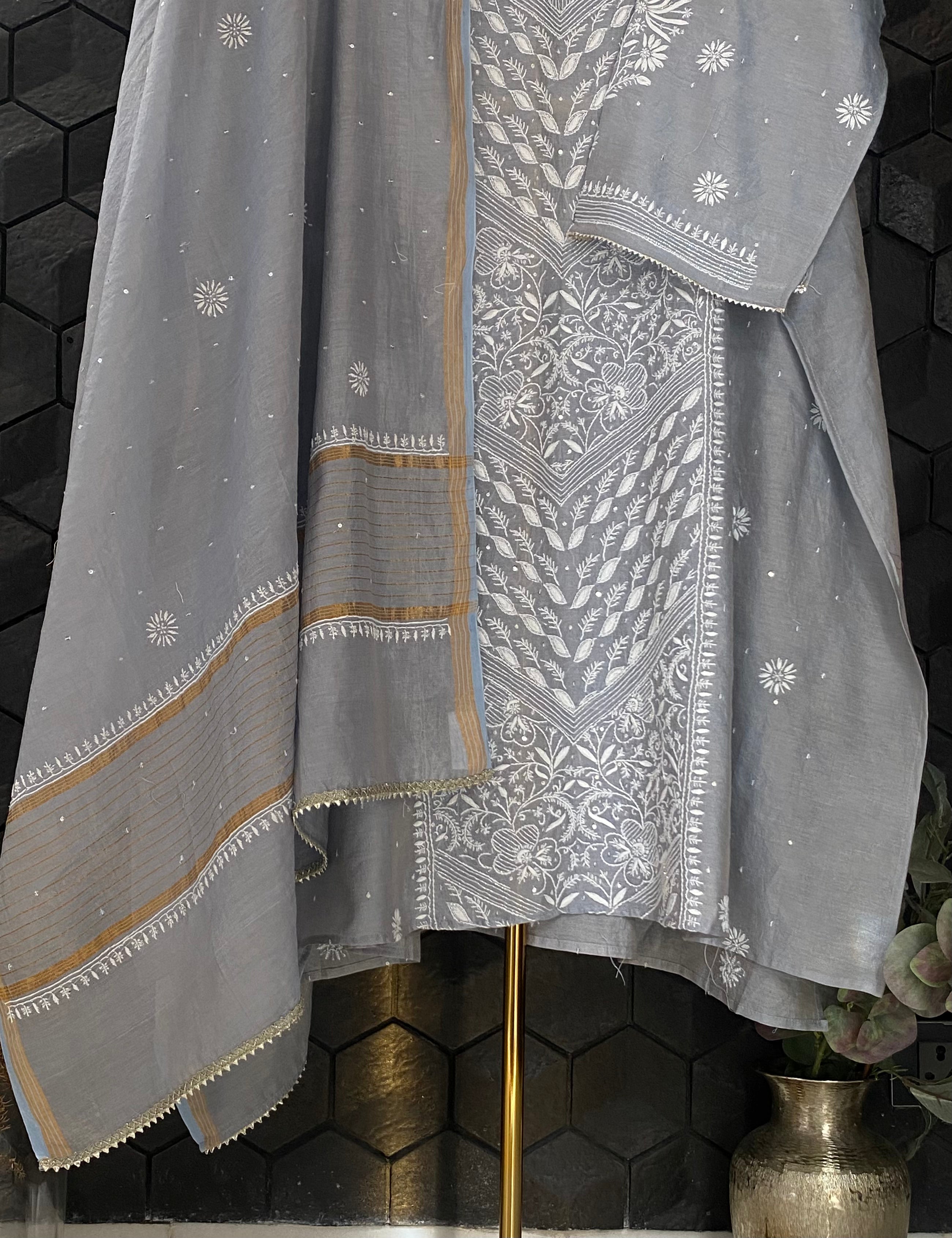 Grey Tissue Chikankari Kurta Set