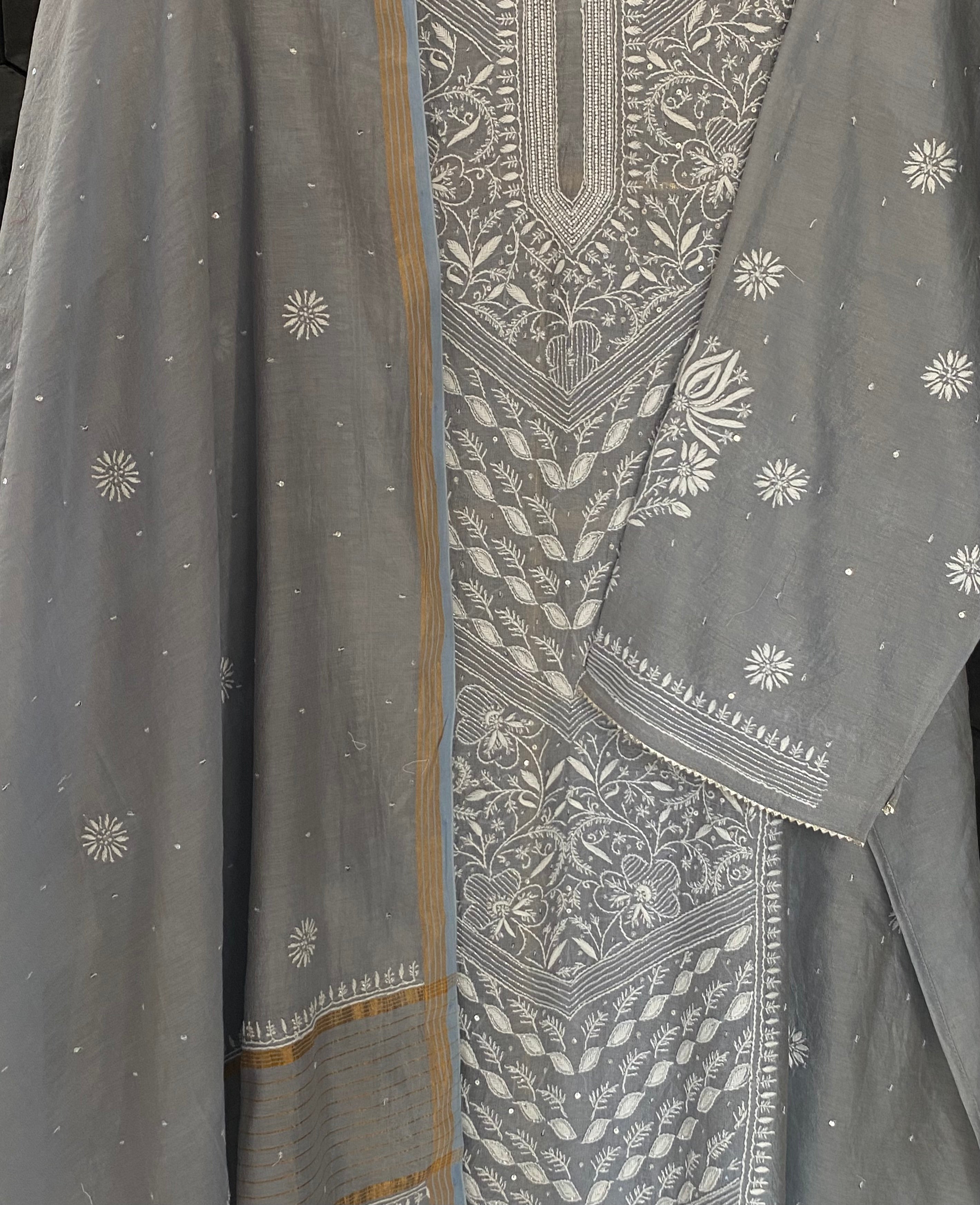 Grey Tissue Chikankari Kurta Set