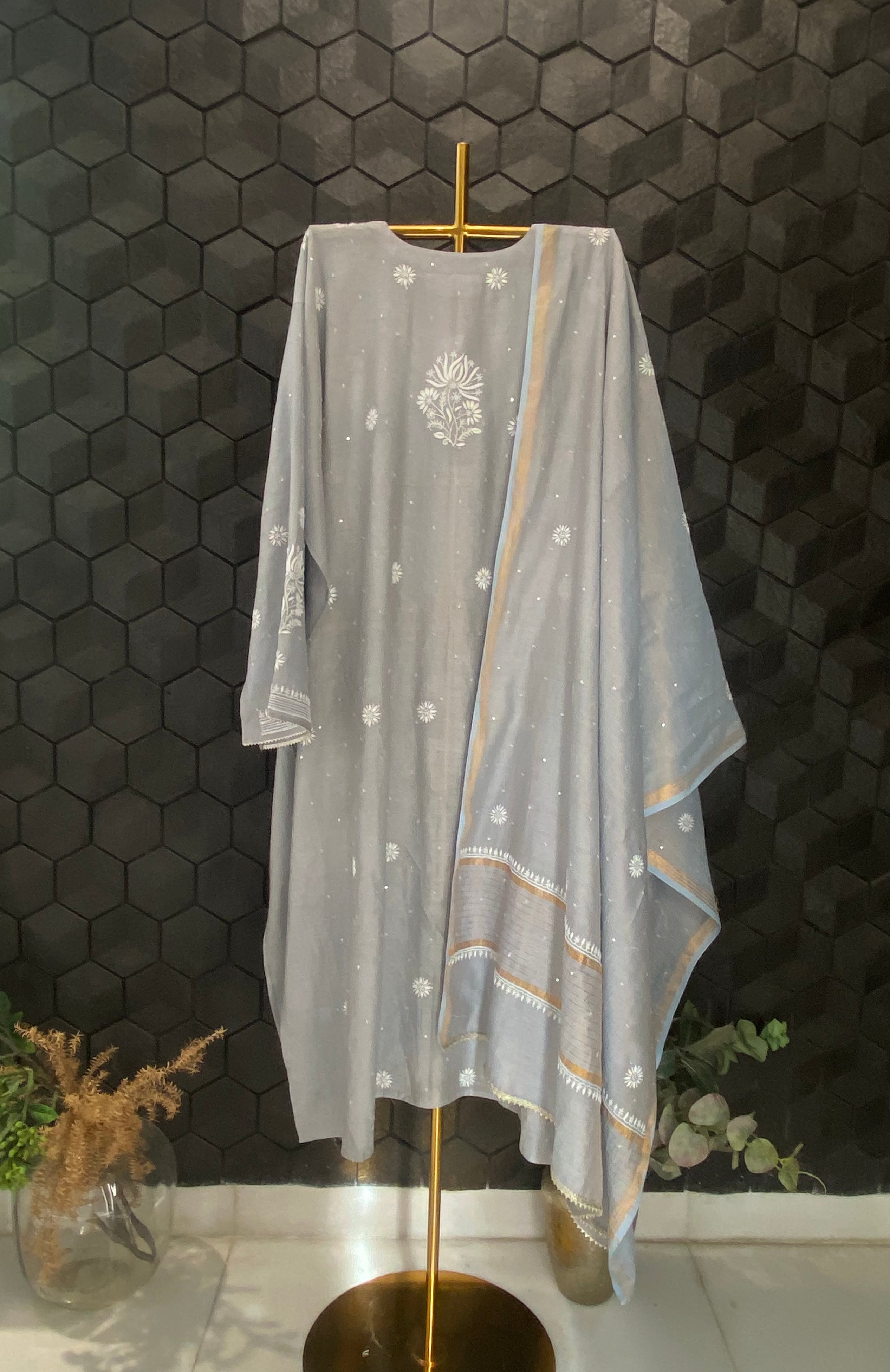 Grey Tissue Chikankari Kurta Set