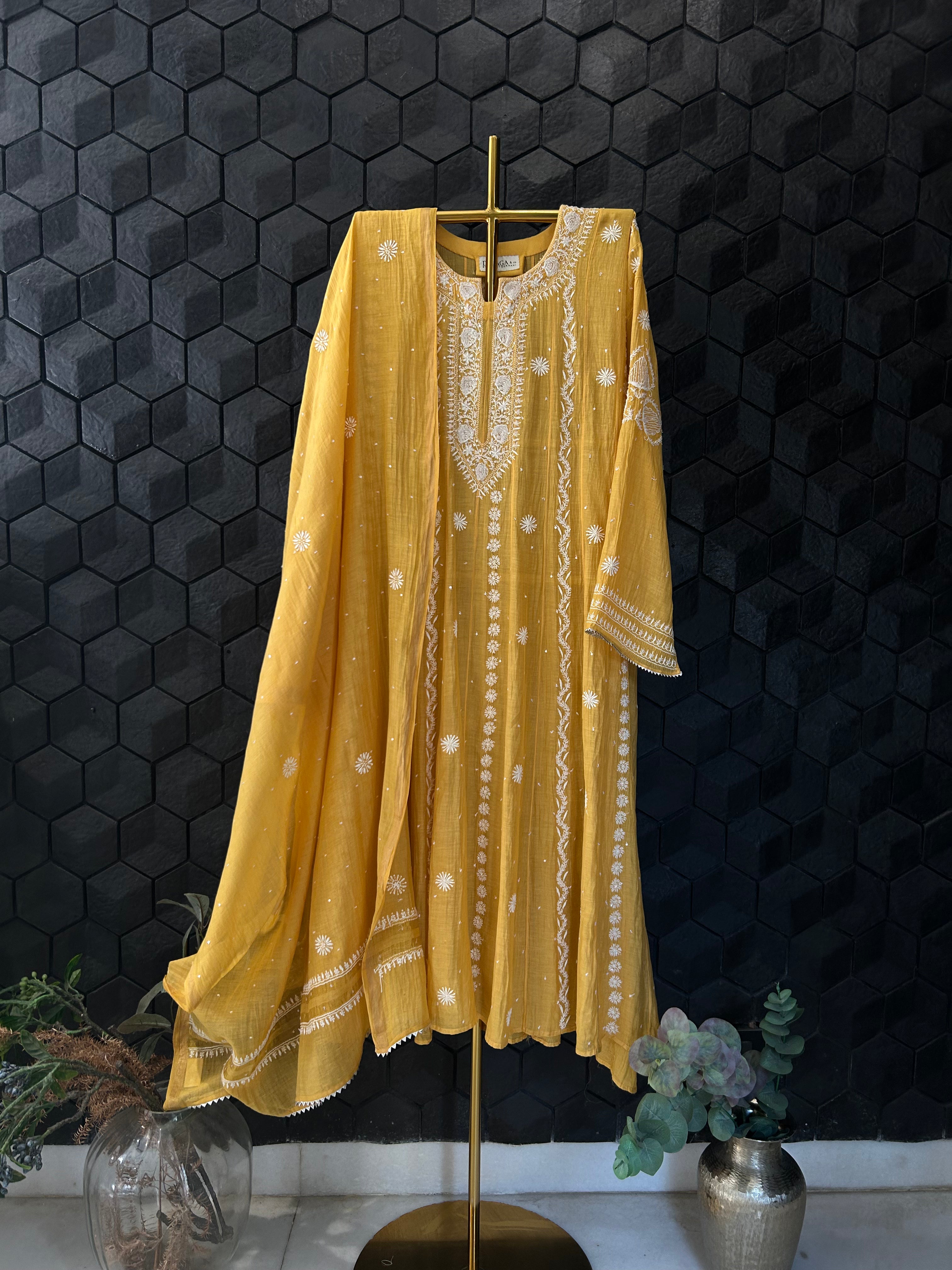 Mustard Mul Chanderi Chikankari Kurta Set