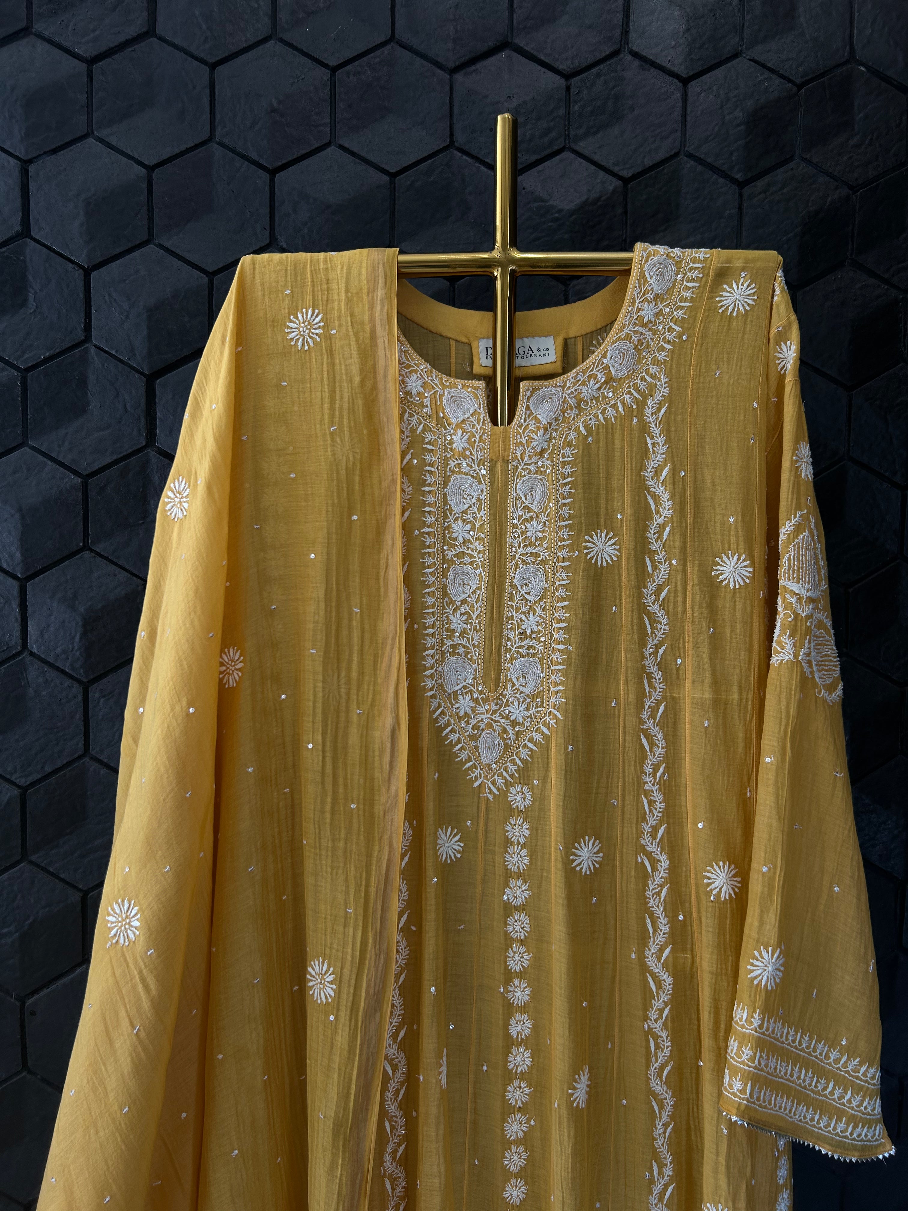 Mustard Mul Chanderi Chikankari Kurta Set