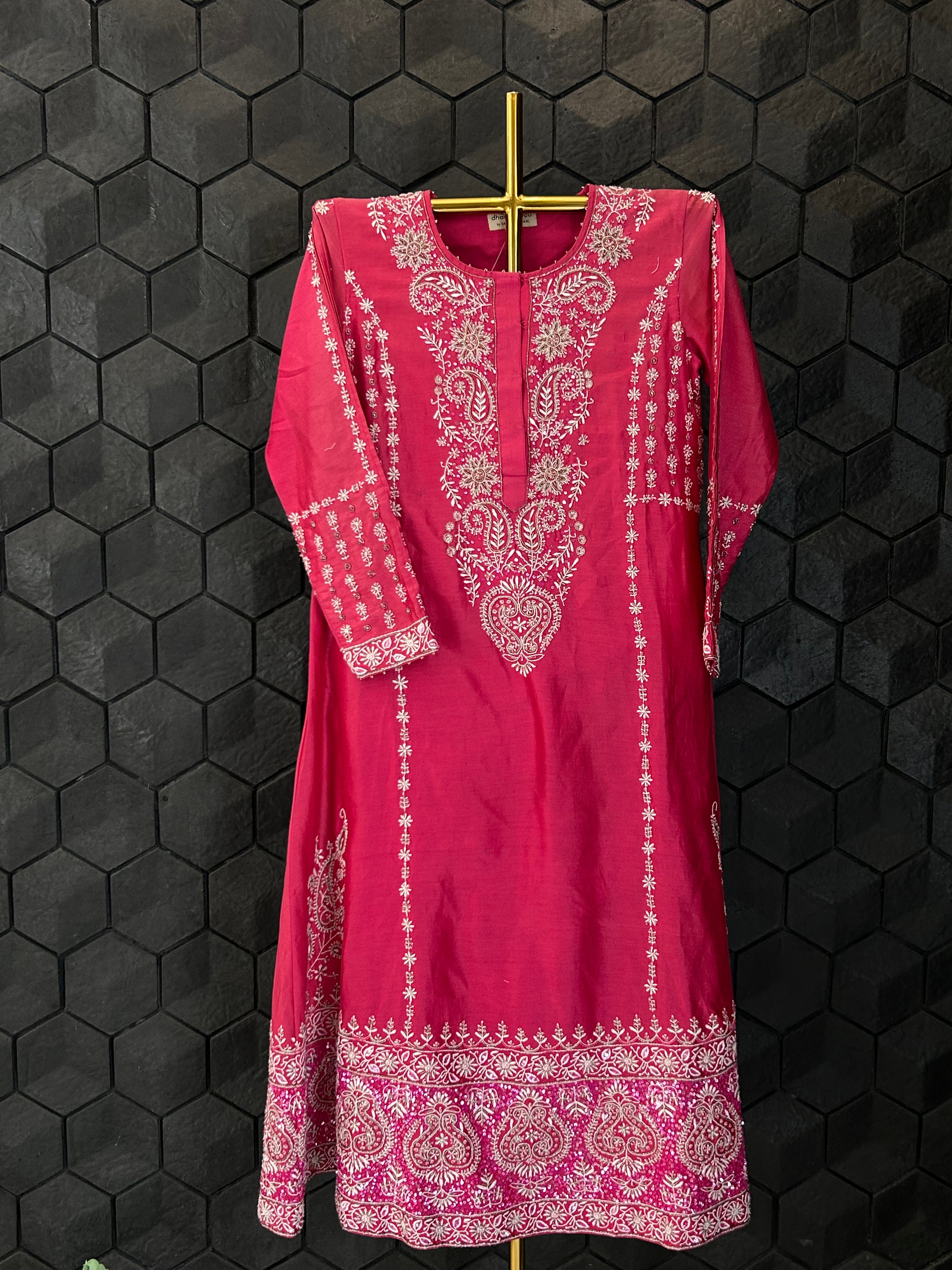 Fuschia Chanderi Chikankari Anarkali Set
