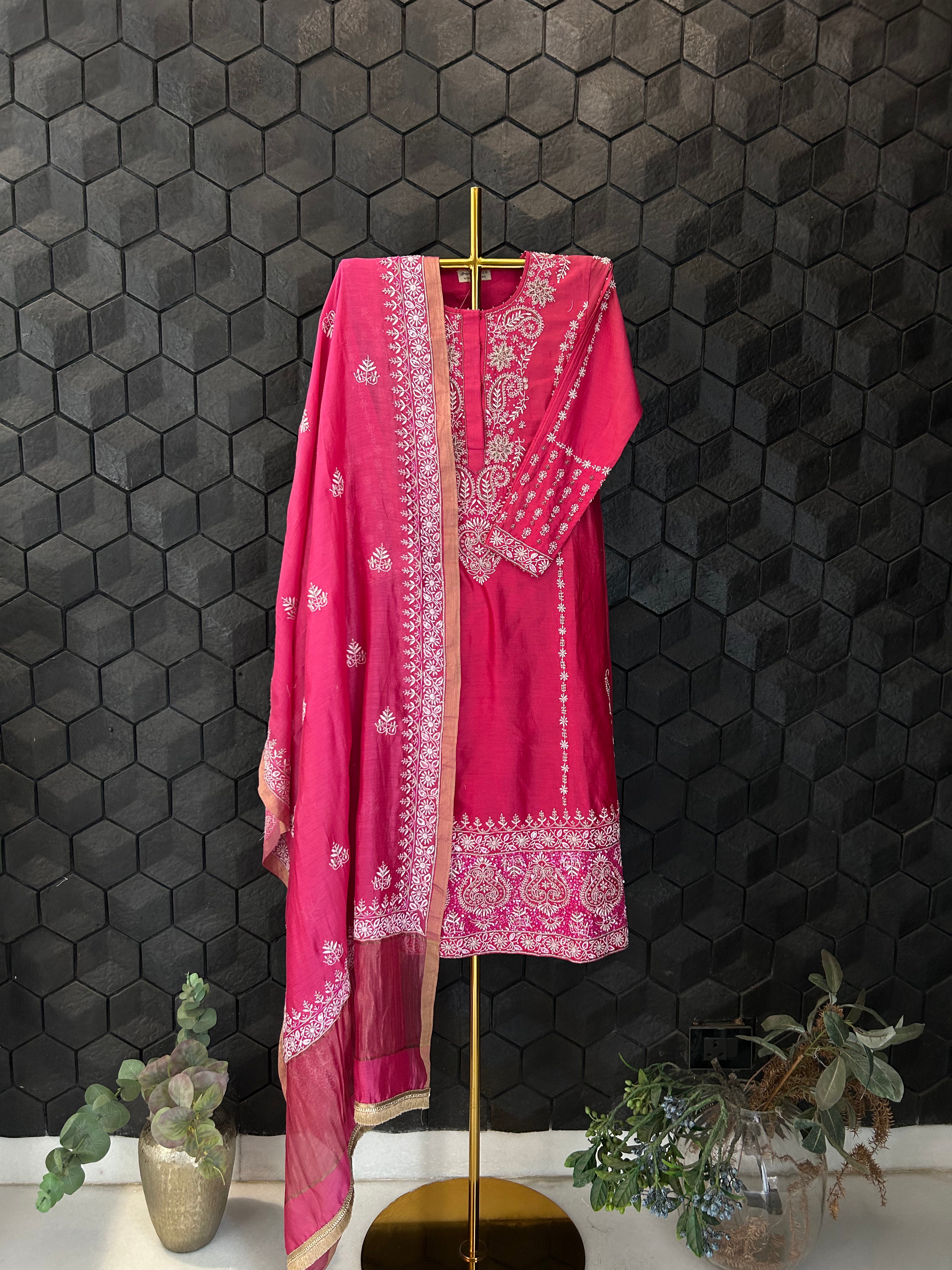 Fuschia Chanderi Chikankari Anarkali Set
