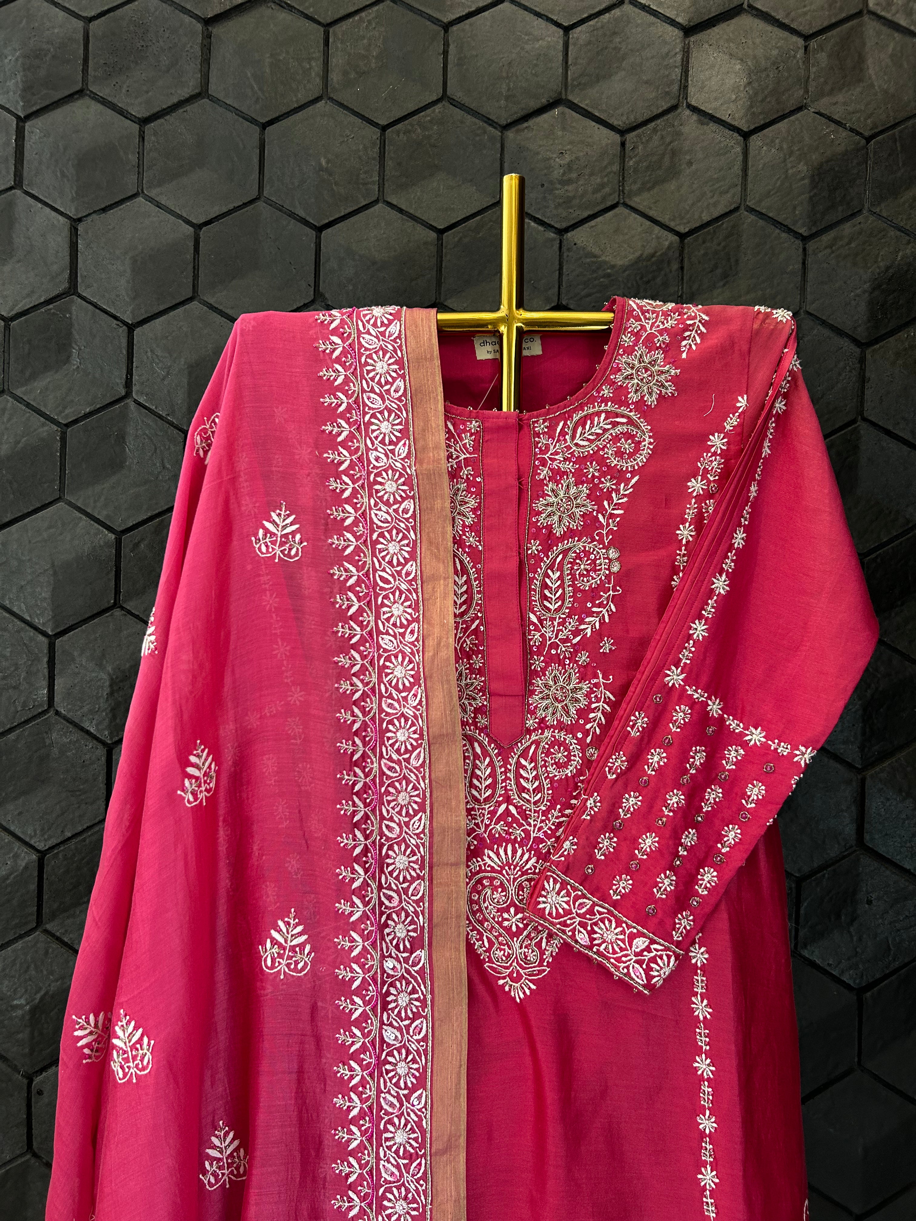 Fuschia Chanderi Chikankari Anarkali Set