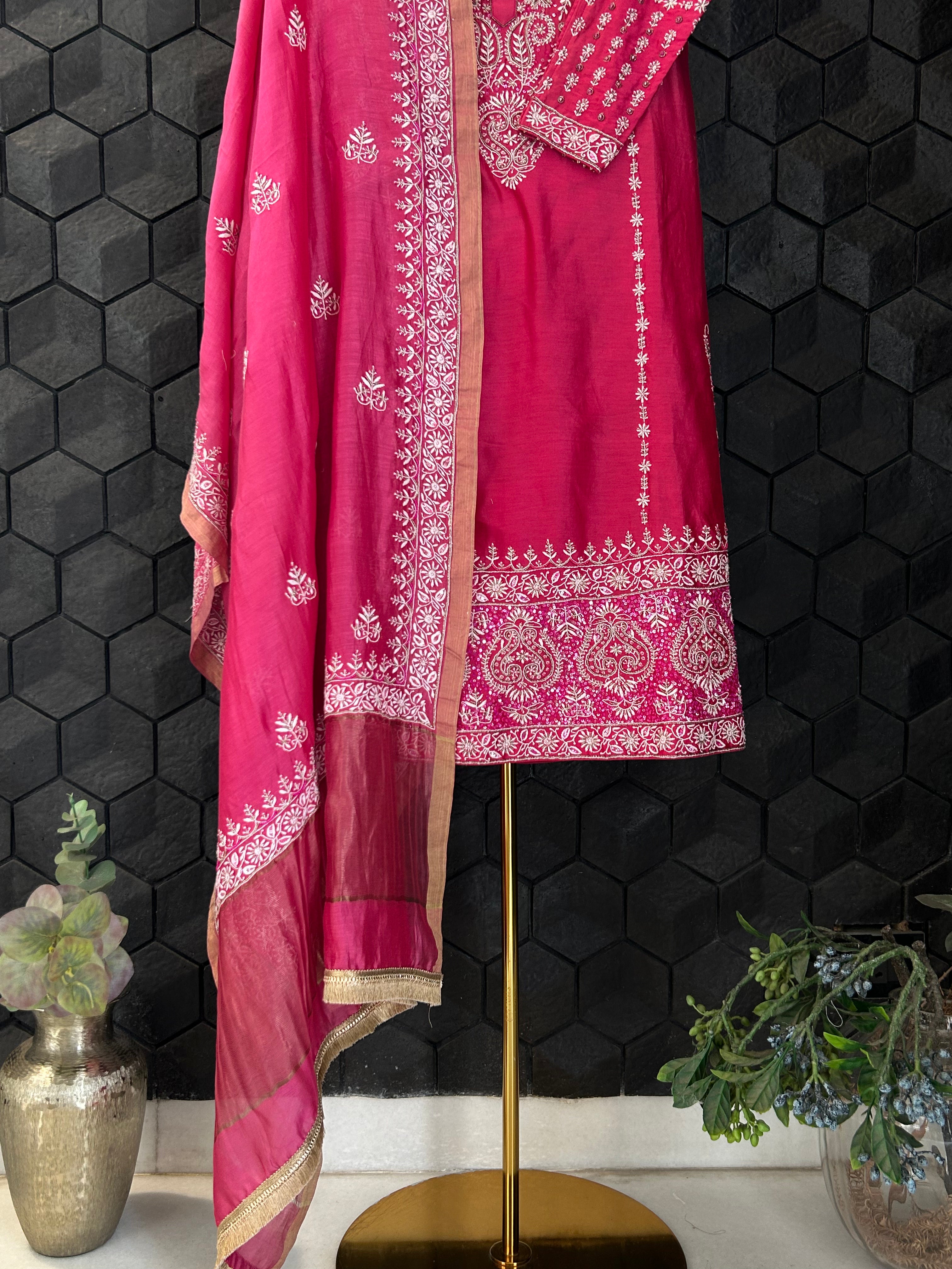 Fuschia Chanderi Chikankari Anarkali Set