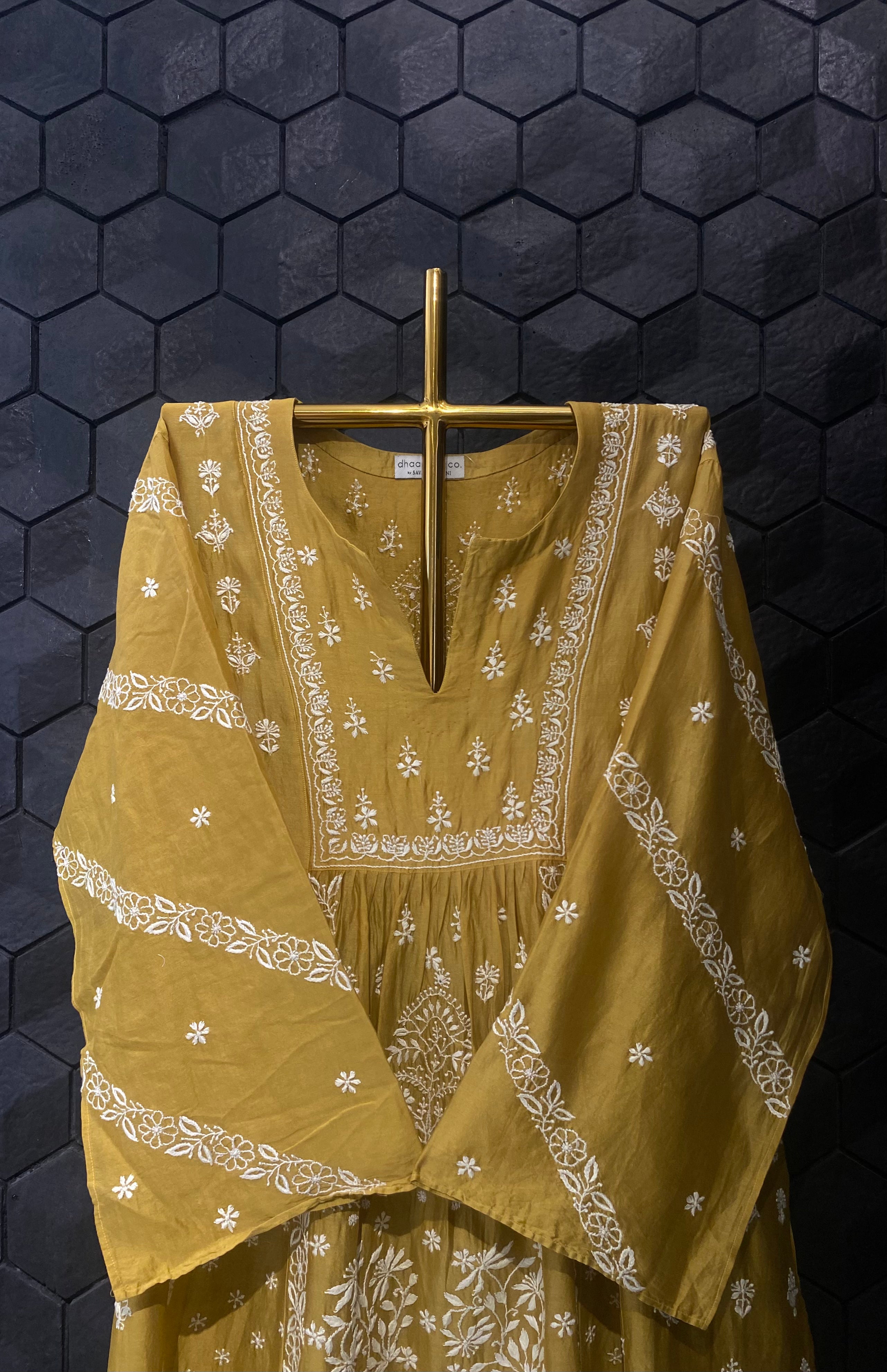 Mustard Chanderi Chikankari kurti