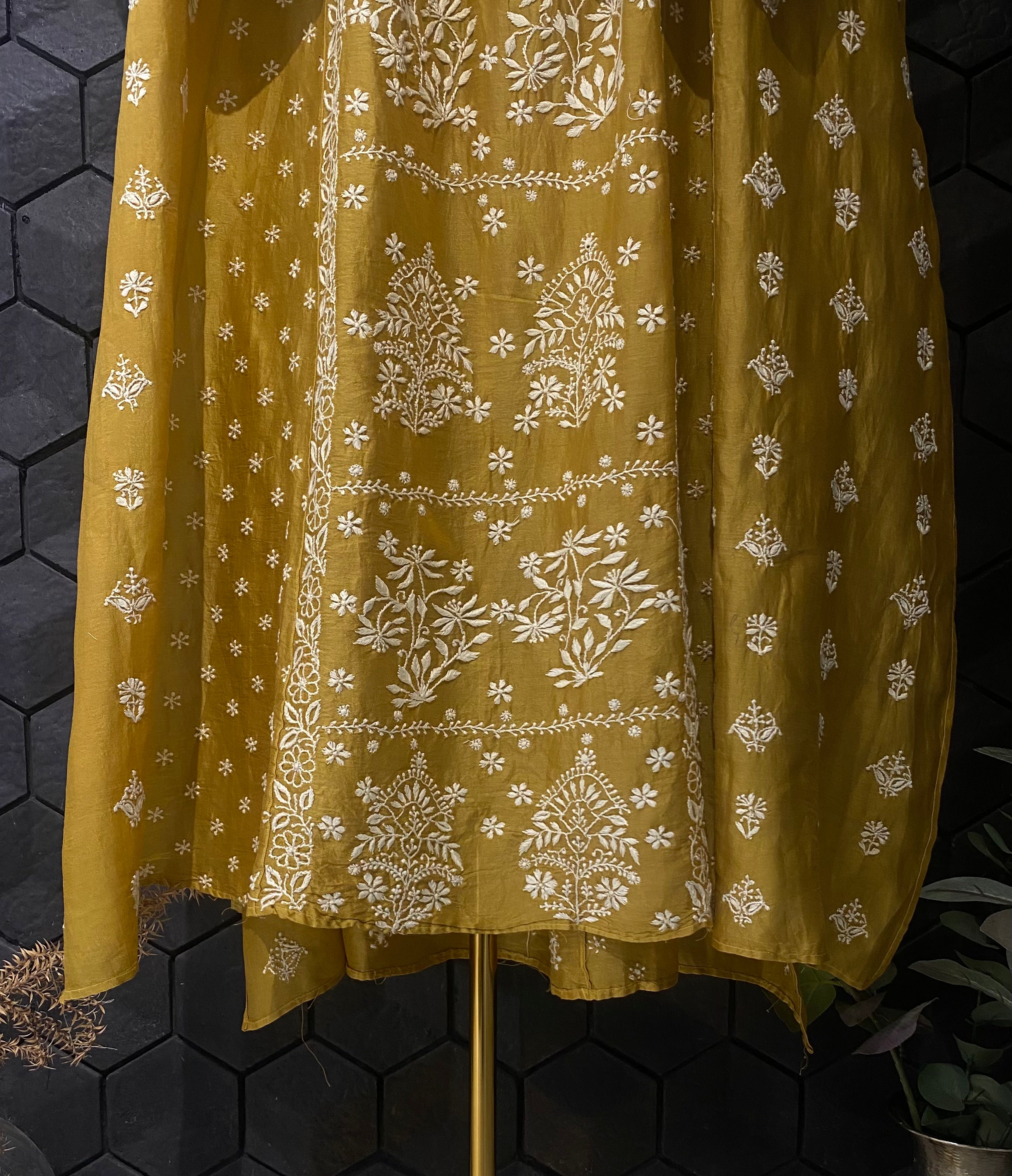 Mustard Chanderi Chikankari kurti