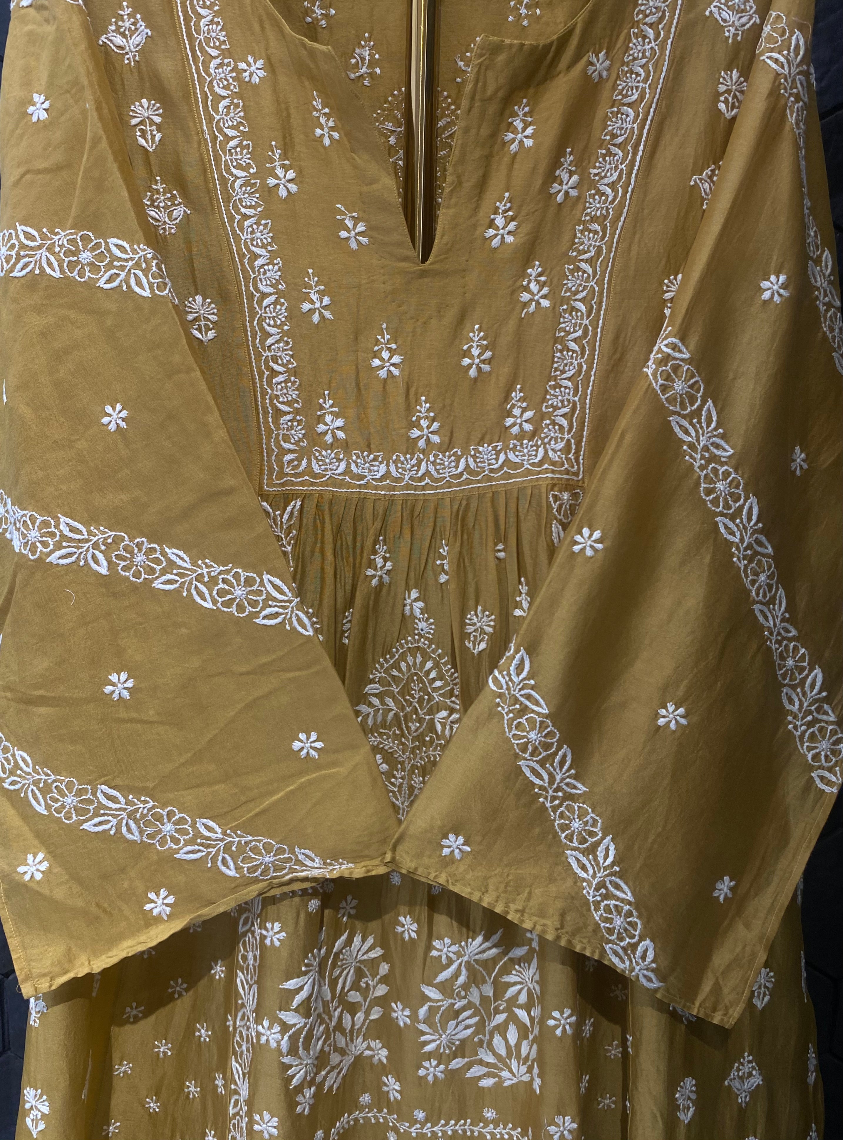 Mustard Chanderi Chikankari kurti