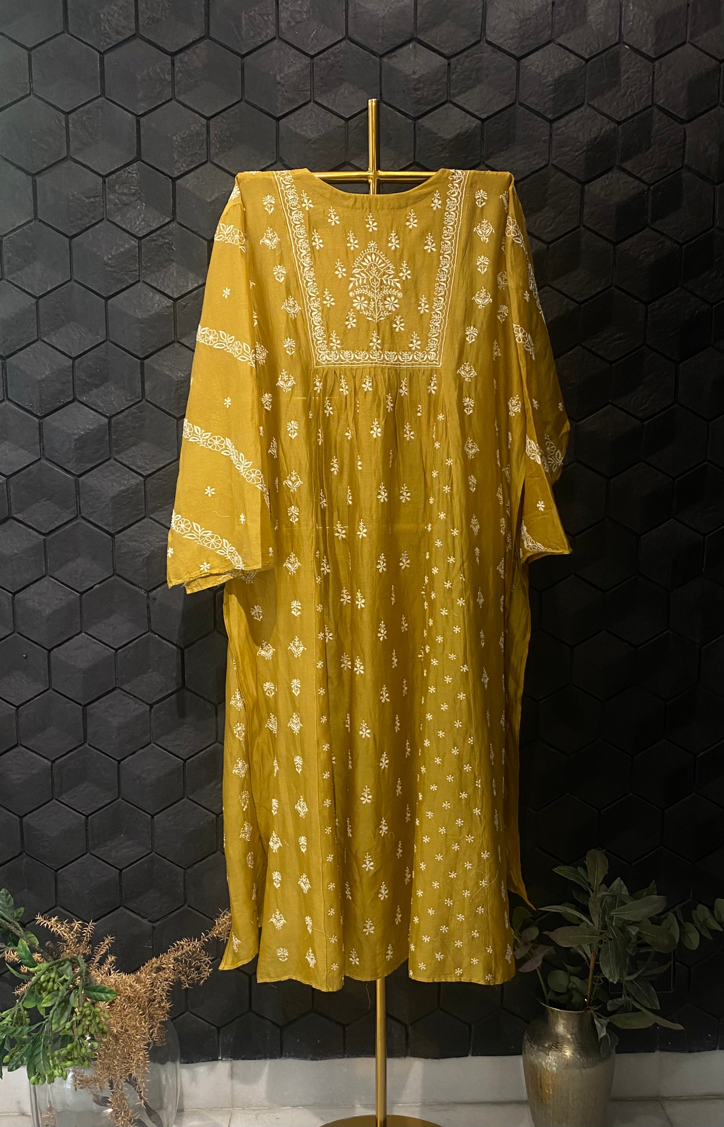 Mustard Chanderi Chikankari kurti