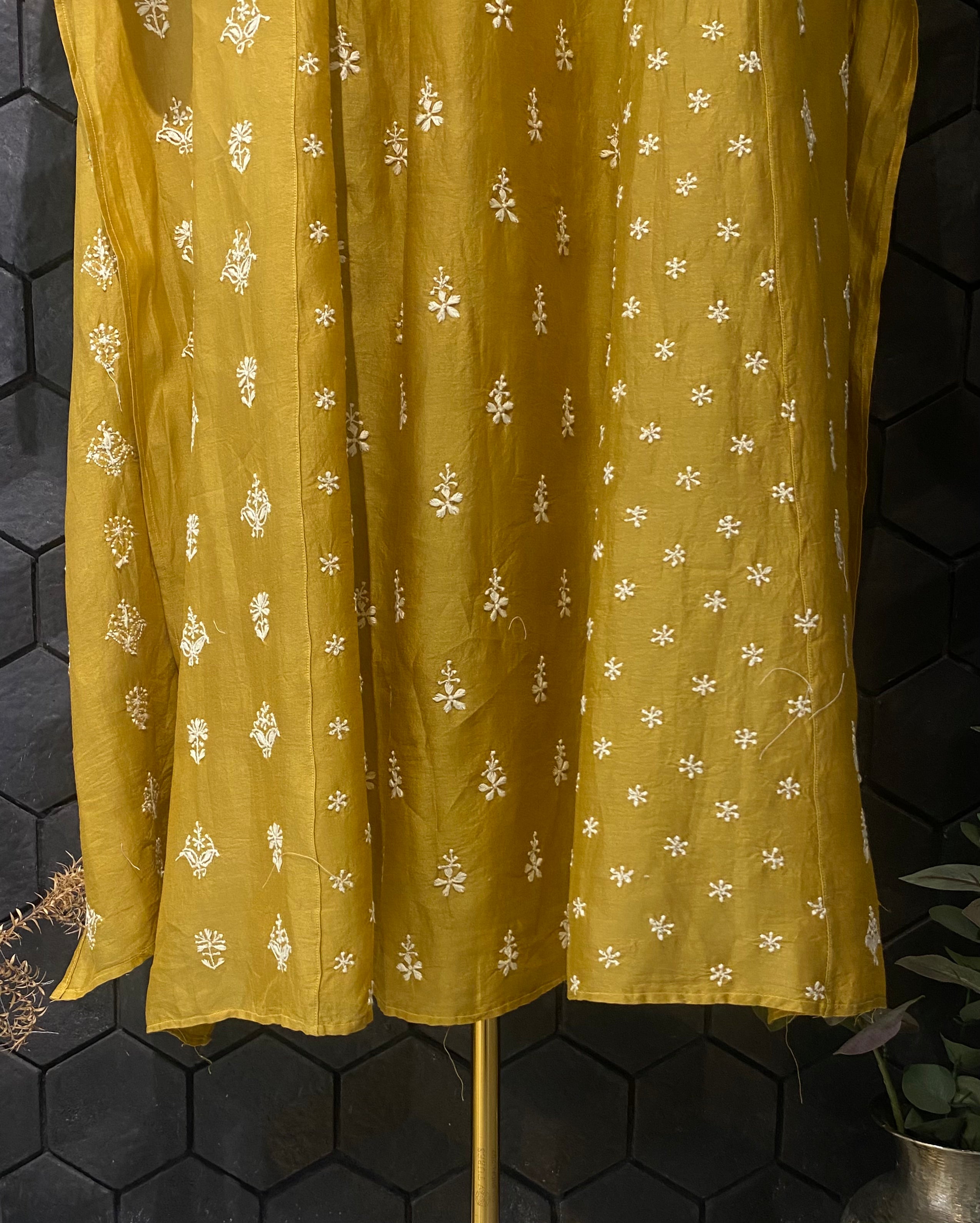 Mustard Chanderi Chikankari kurti