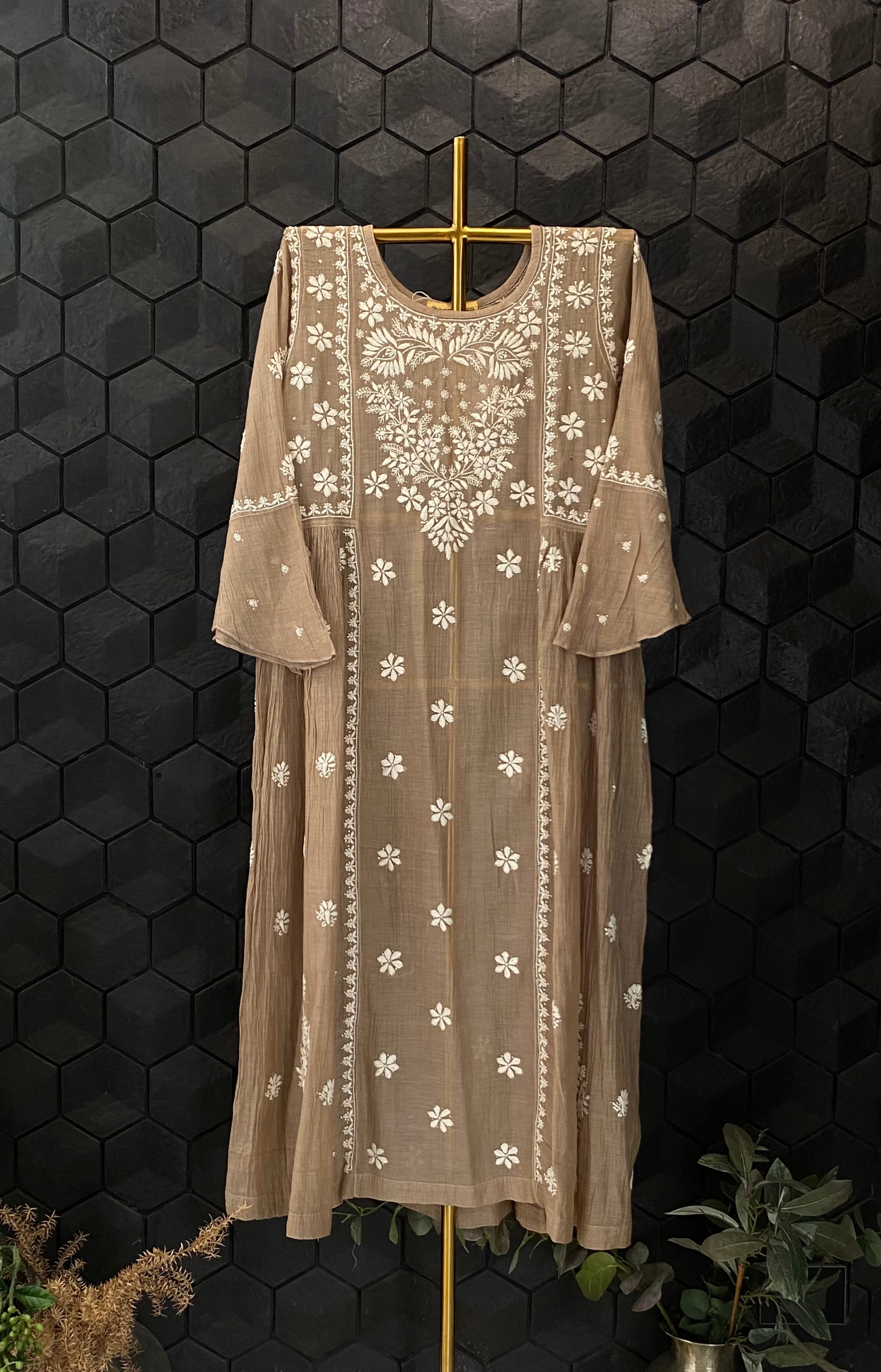 Brown Mul Chanderi Chikankari Tunic