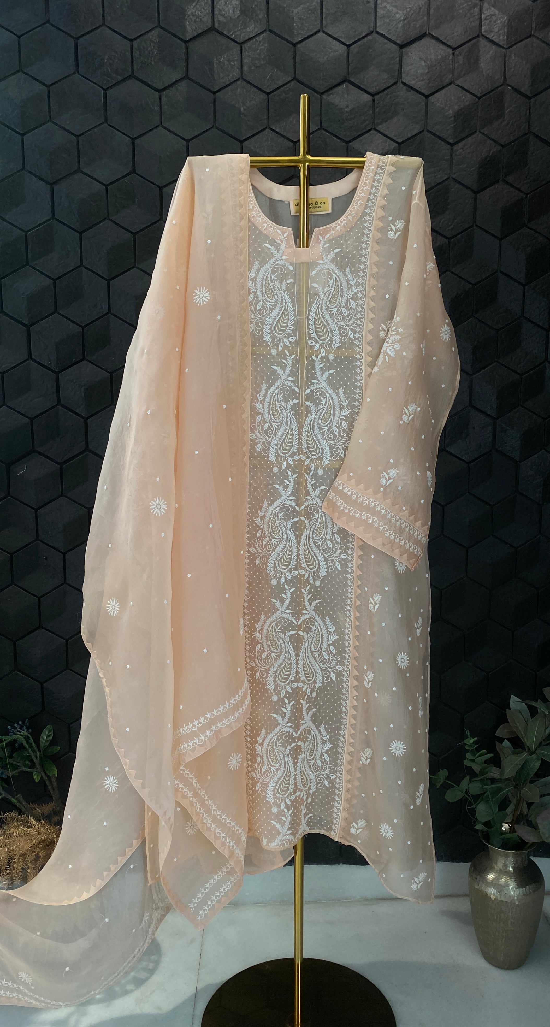 PEACH ORGANZA CHIKANKARI KURTA SET