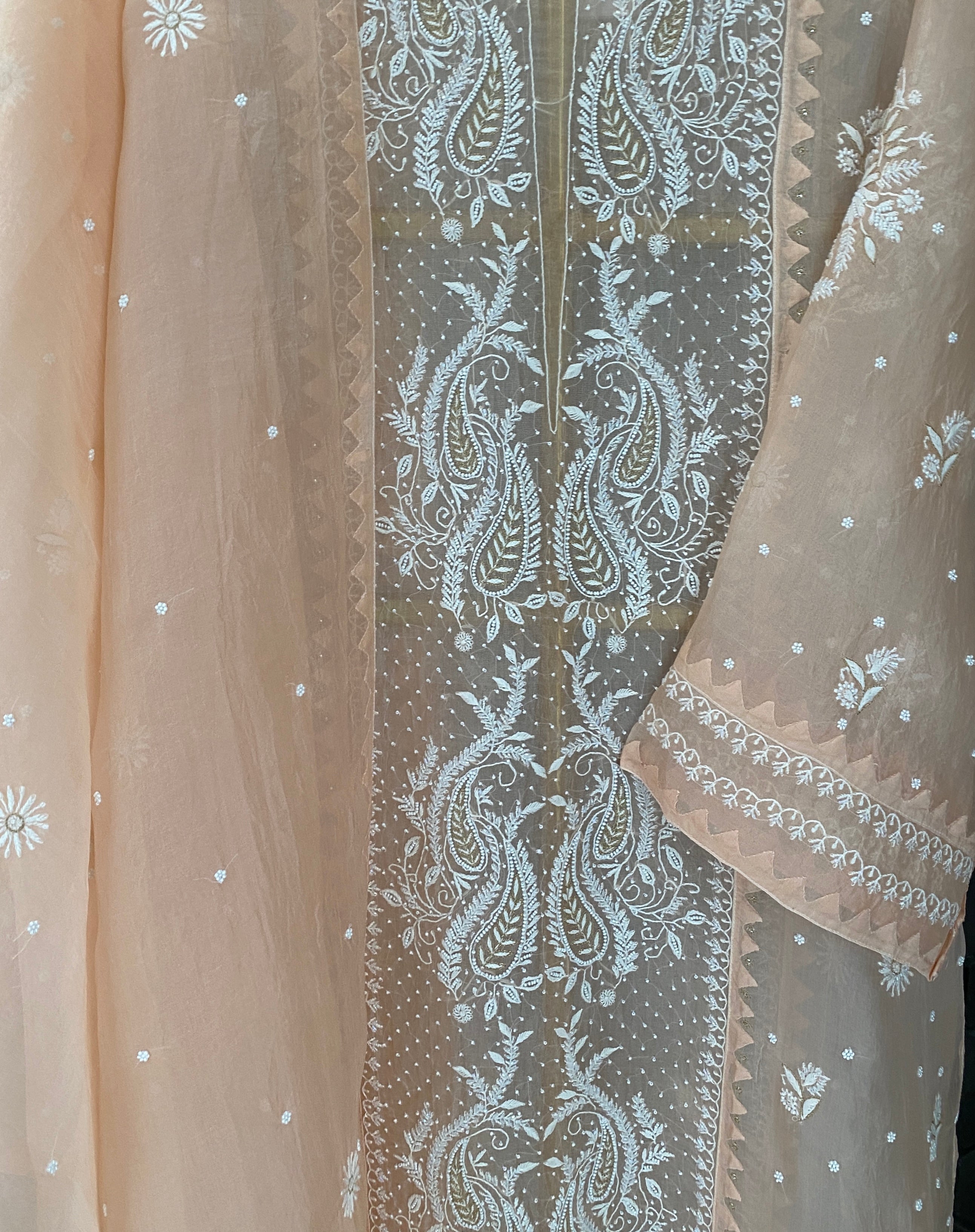 PEACH ORGANZA CHIKANKARI KURTA SET