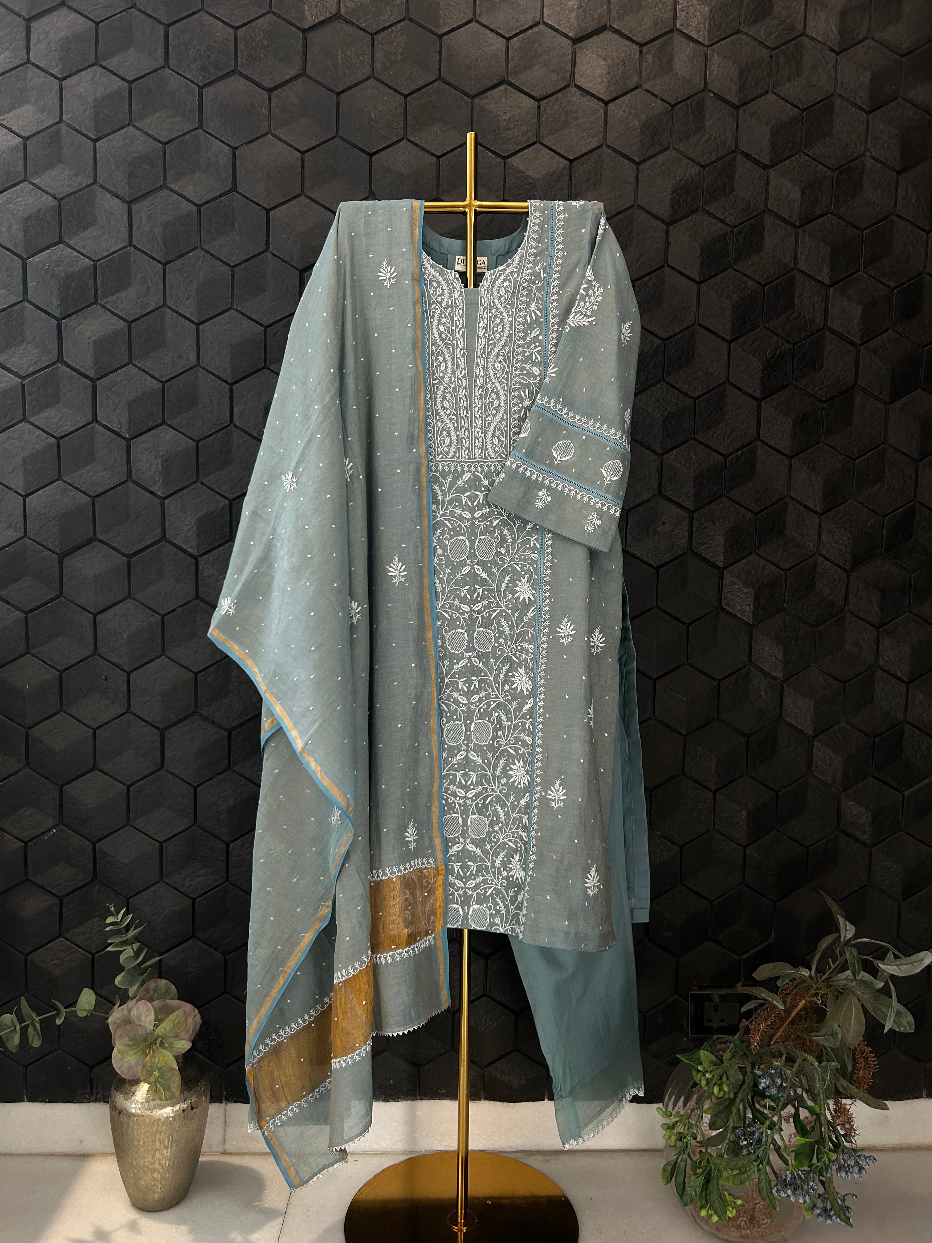 Green Tissue Chikankari Suit Set