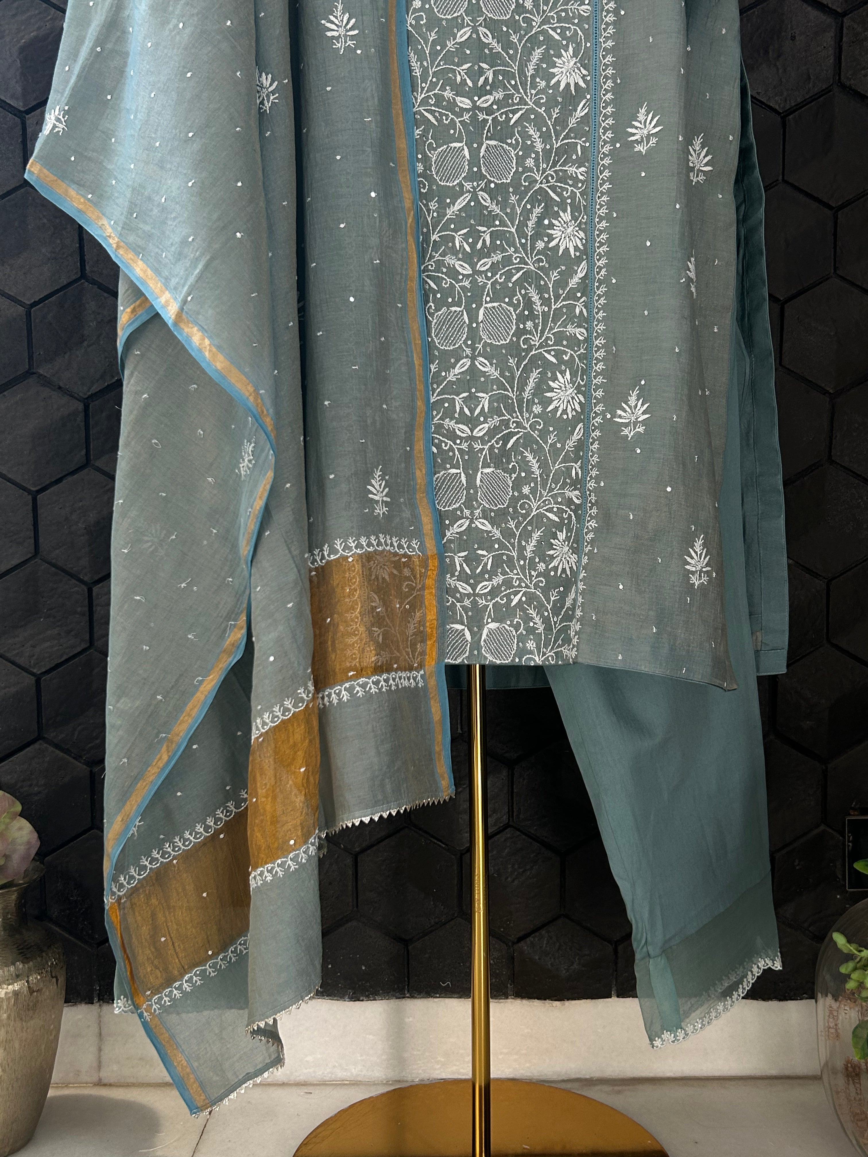 Green Tissue Chikankari Suit Set